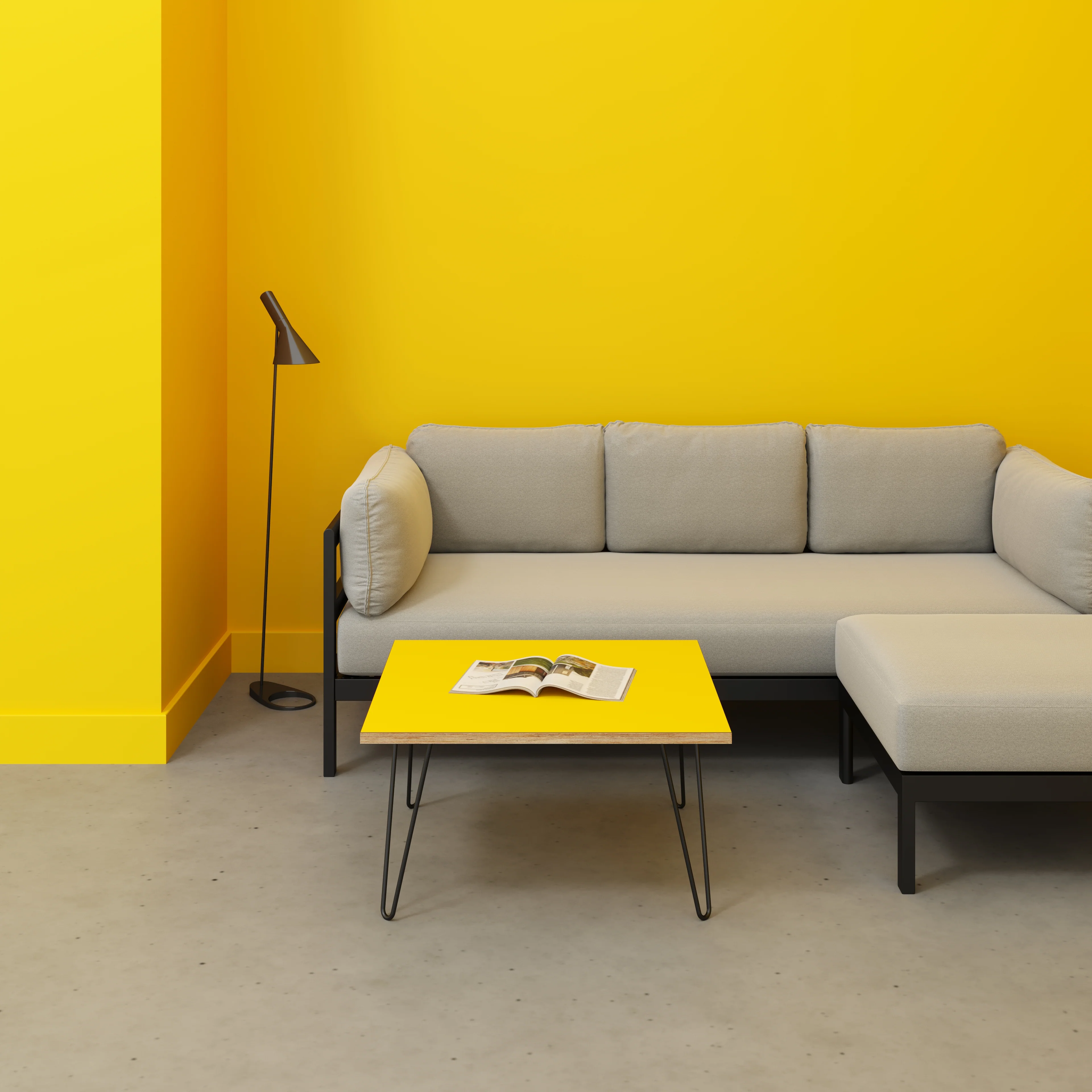 Plywood Coffee Table with Black Hairpin Legs - Formica Chrome Yellow - 800(w) x 800(d) x 425(h) - Image 2