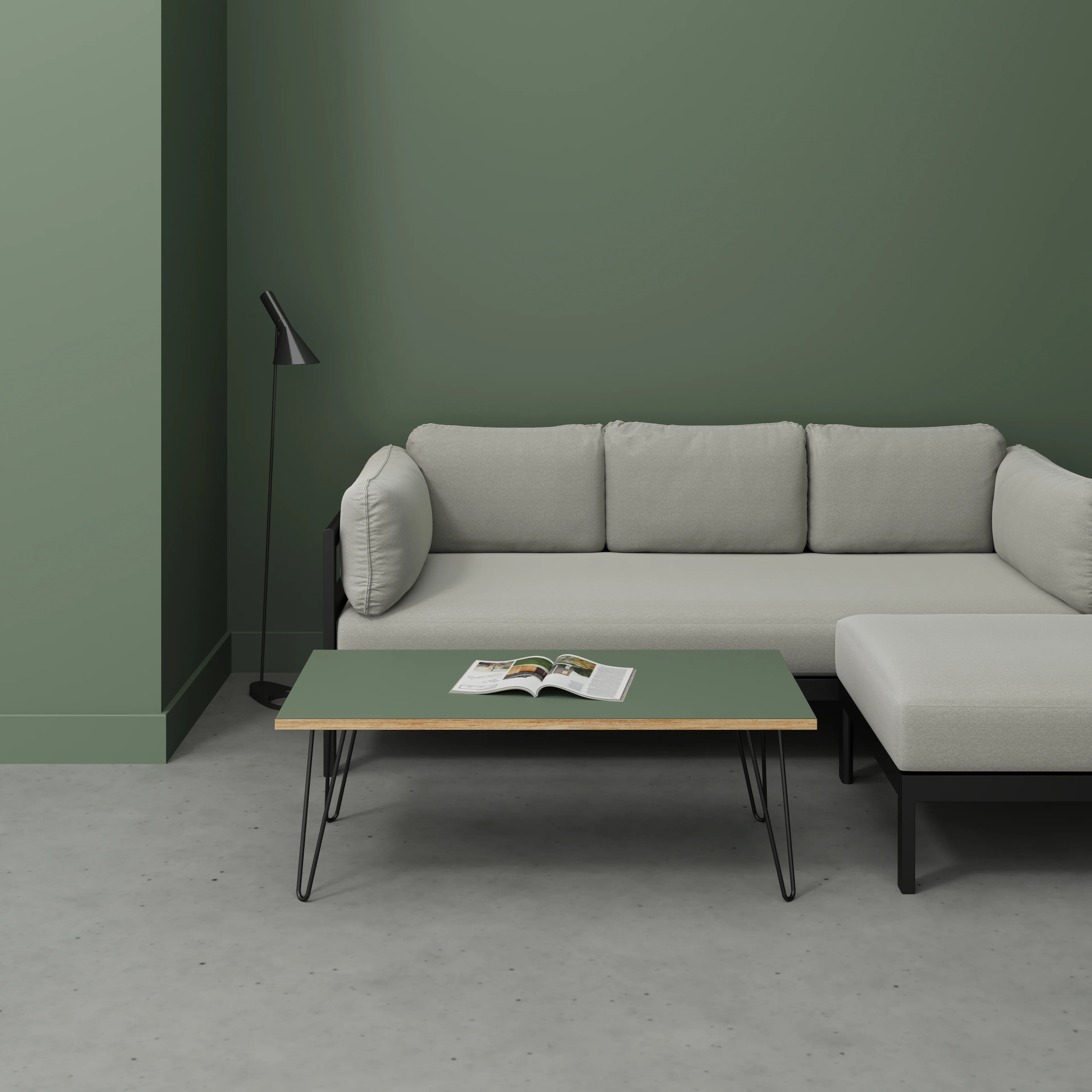 Plywood Coffee Table with Black Hairpin Legs - Formica Green Slate - 1200(w) x 600(d) x 425(h) - Image 2