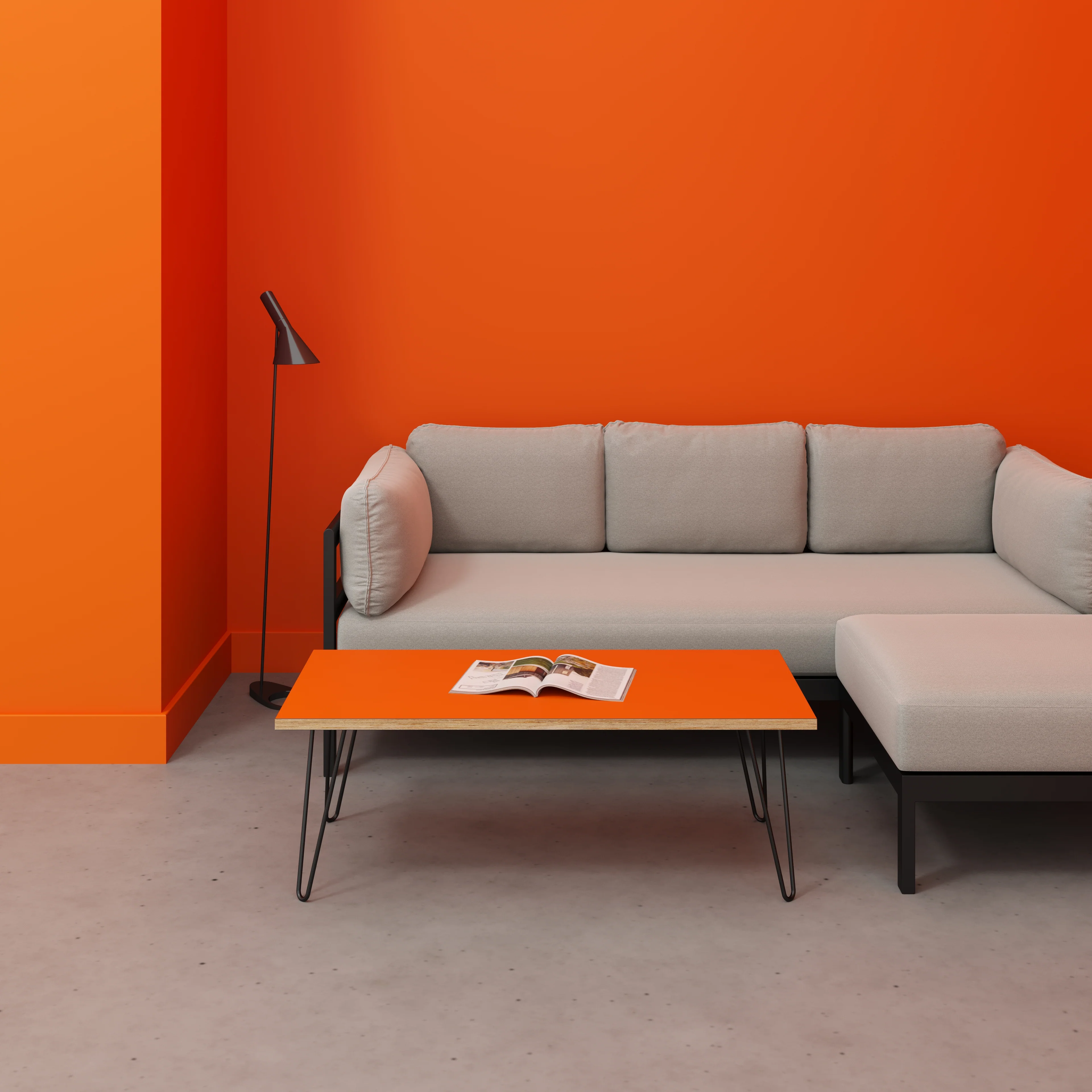 Plywood Coffee Table with Black Hairpin Legs - Formica Levante Orange - 1200(w) x 600(d) x 425(h) - Image 2