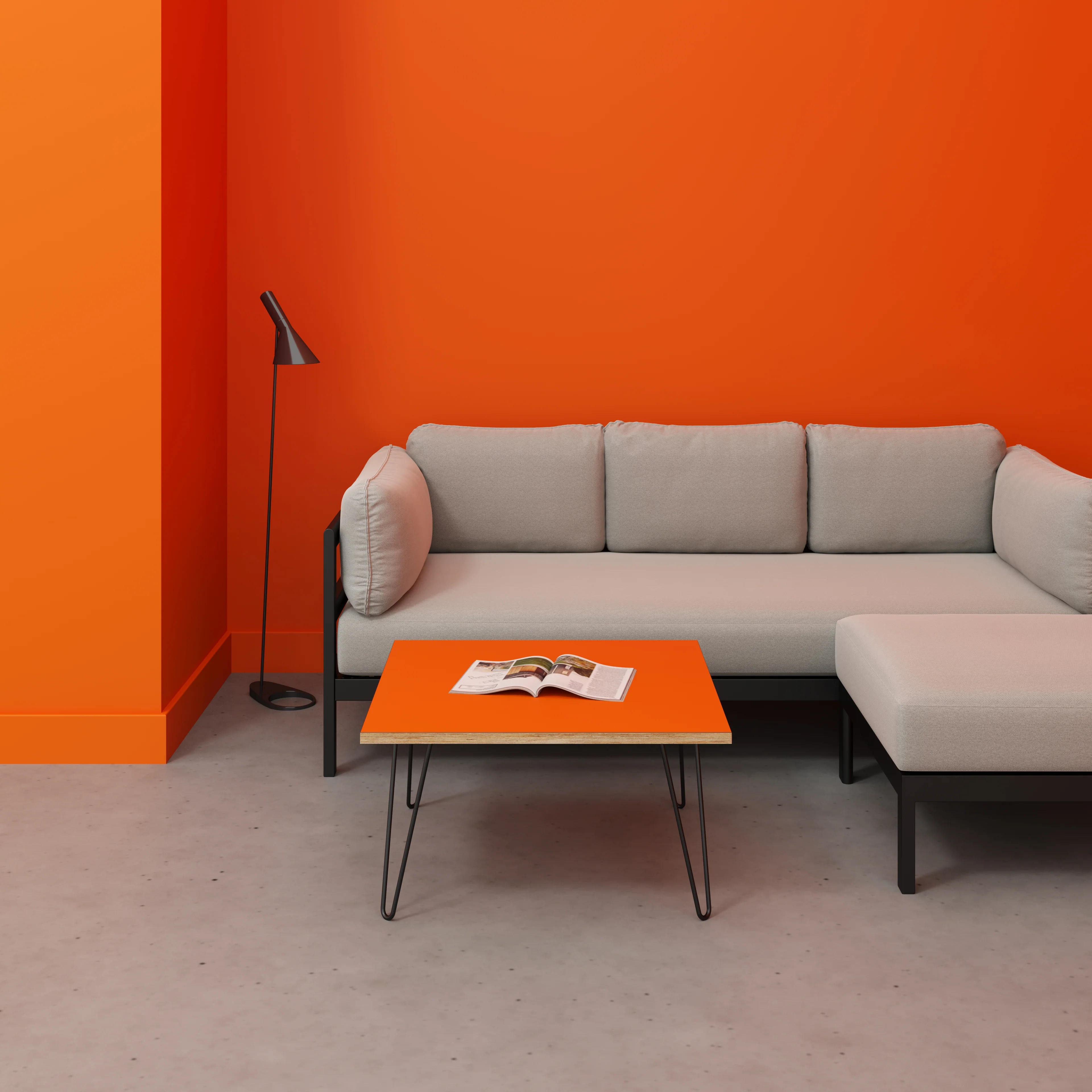 Plywood Coffee Table with Black Hairpin Legs - Formica Levante Orange - 800(w) x 800(d) x 425(h) - Image 2