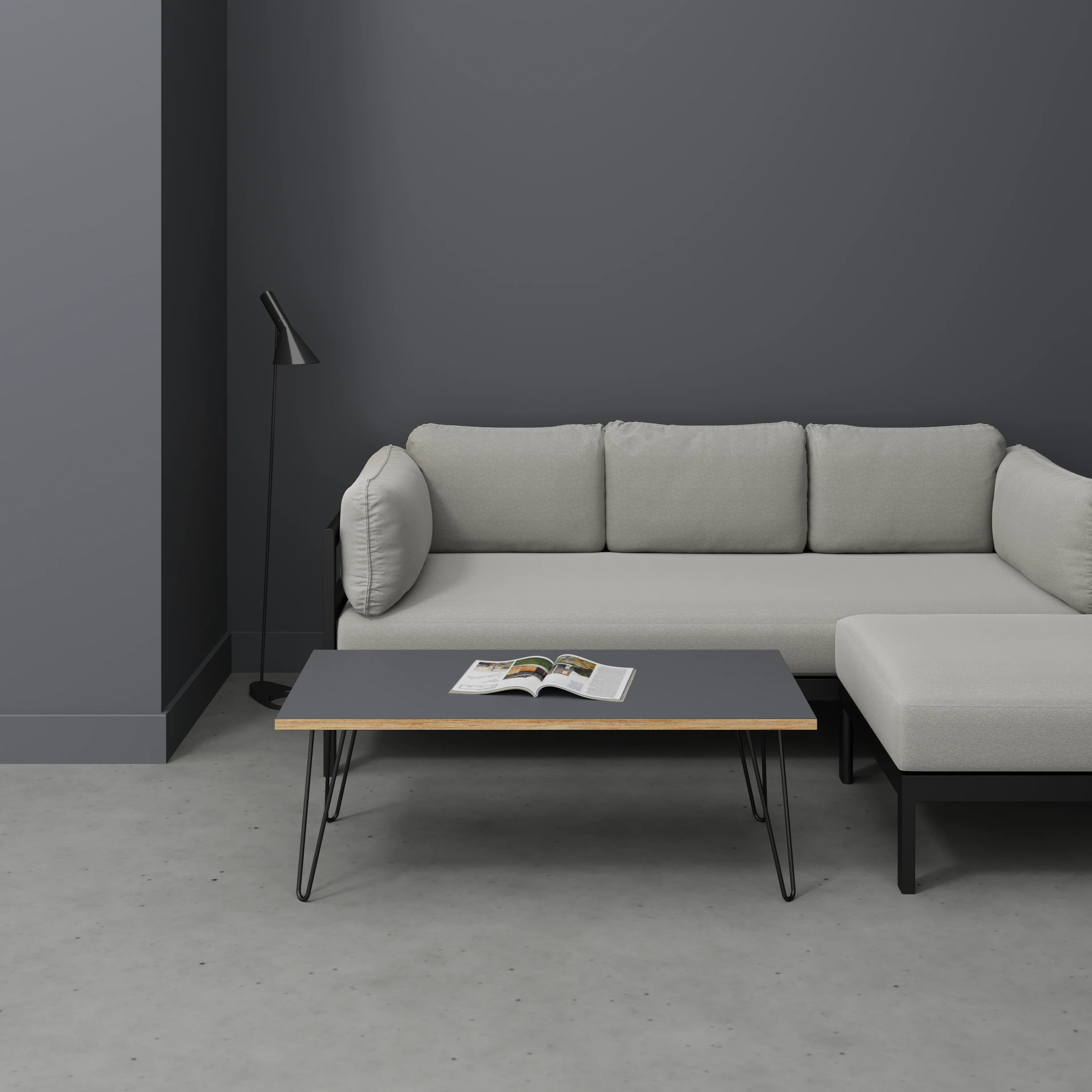 Plywood Coffee Table with Black Hairpin Legs - Formica Tornado Grey - 1200(w) x 600(d) x 425(h) - Image 2