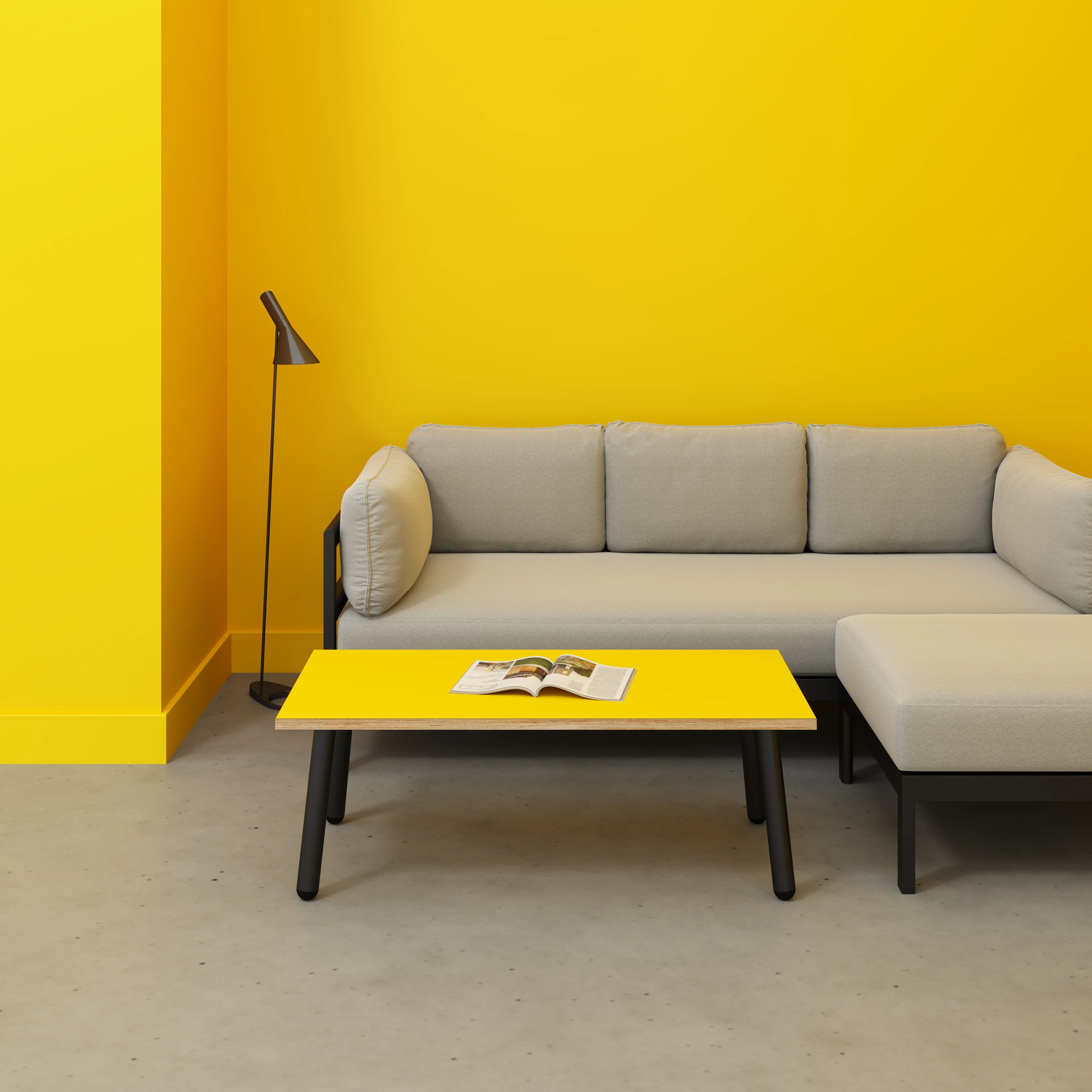 Plywood Coffee Table with Black Round Single Pin Legs - Formica Chrome Yellow - 1200(w) x 600(d) x 425(h) - Image 2