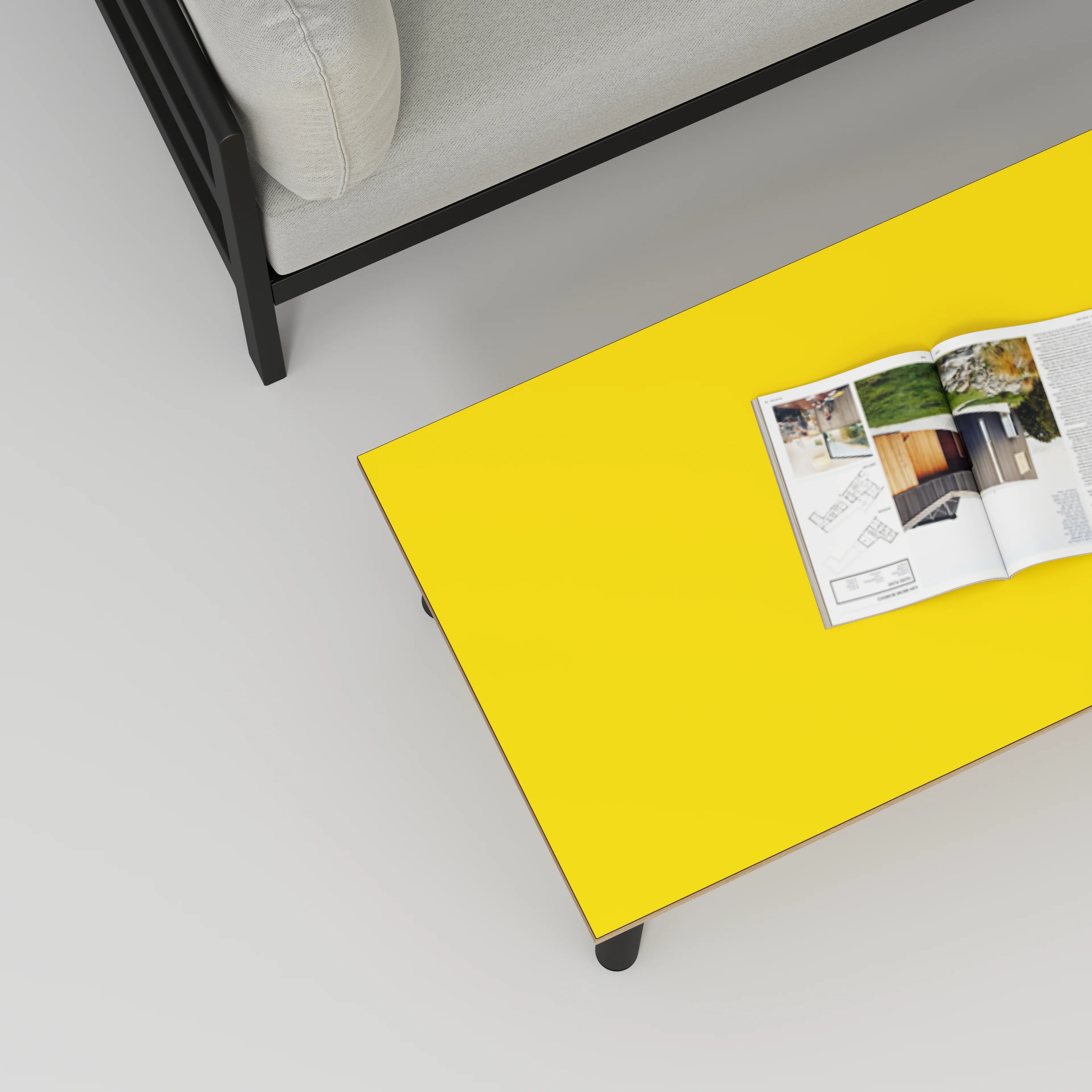 Plywood Coffee Table with Black Round Single Pin Legs - Formica Chrome Yellow - 1200(w) x 600(d) x 425(h) - Image 3