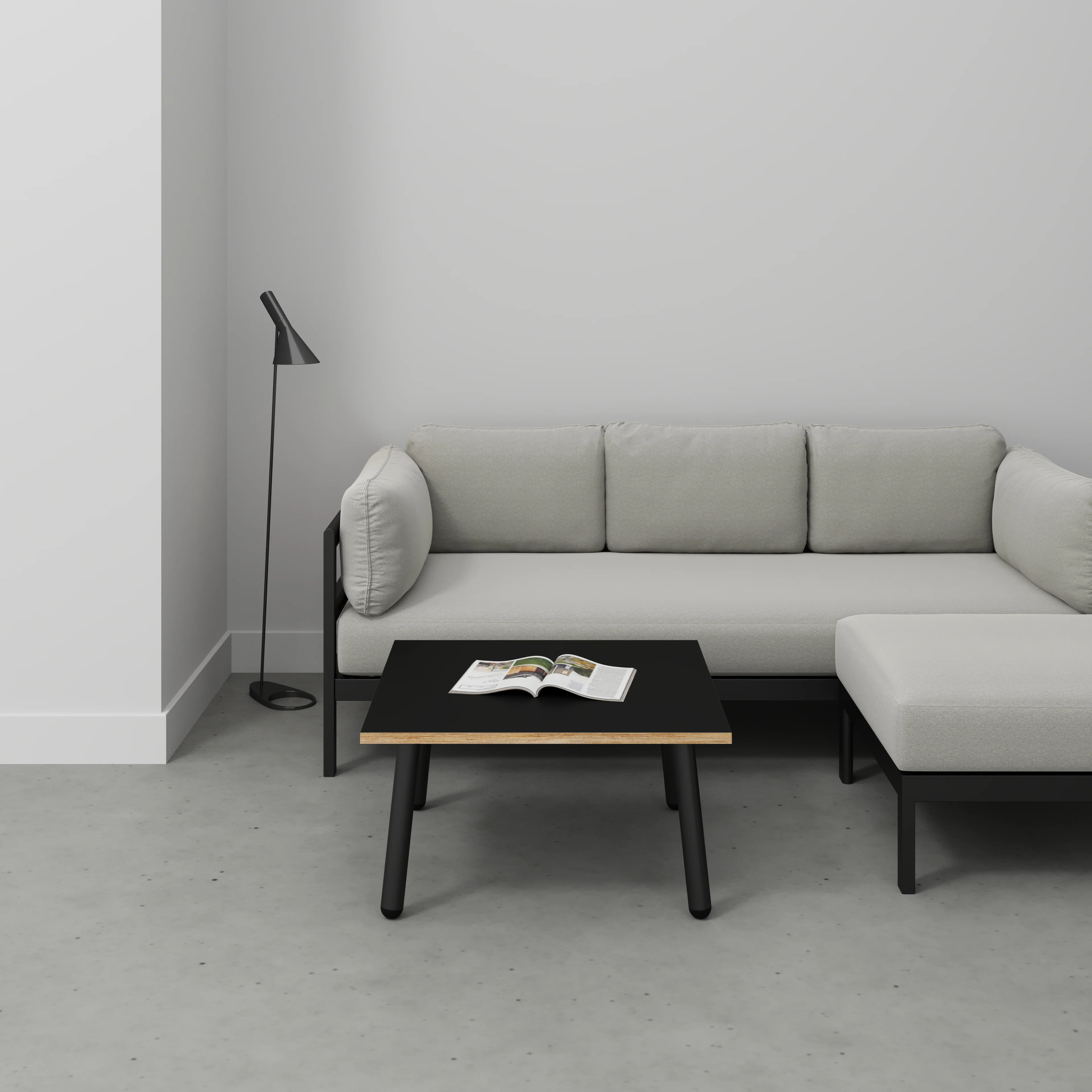 Plywood Coffee Table with Black Round Single Pin Legs - Formica Diamond Black - 800(w) x 800(d) x 425(h) - Image 2