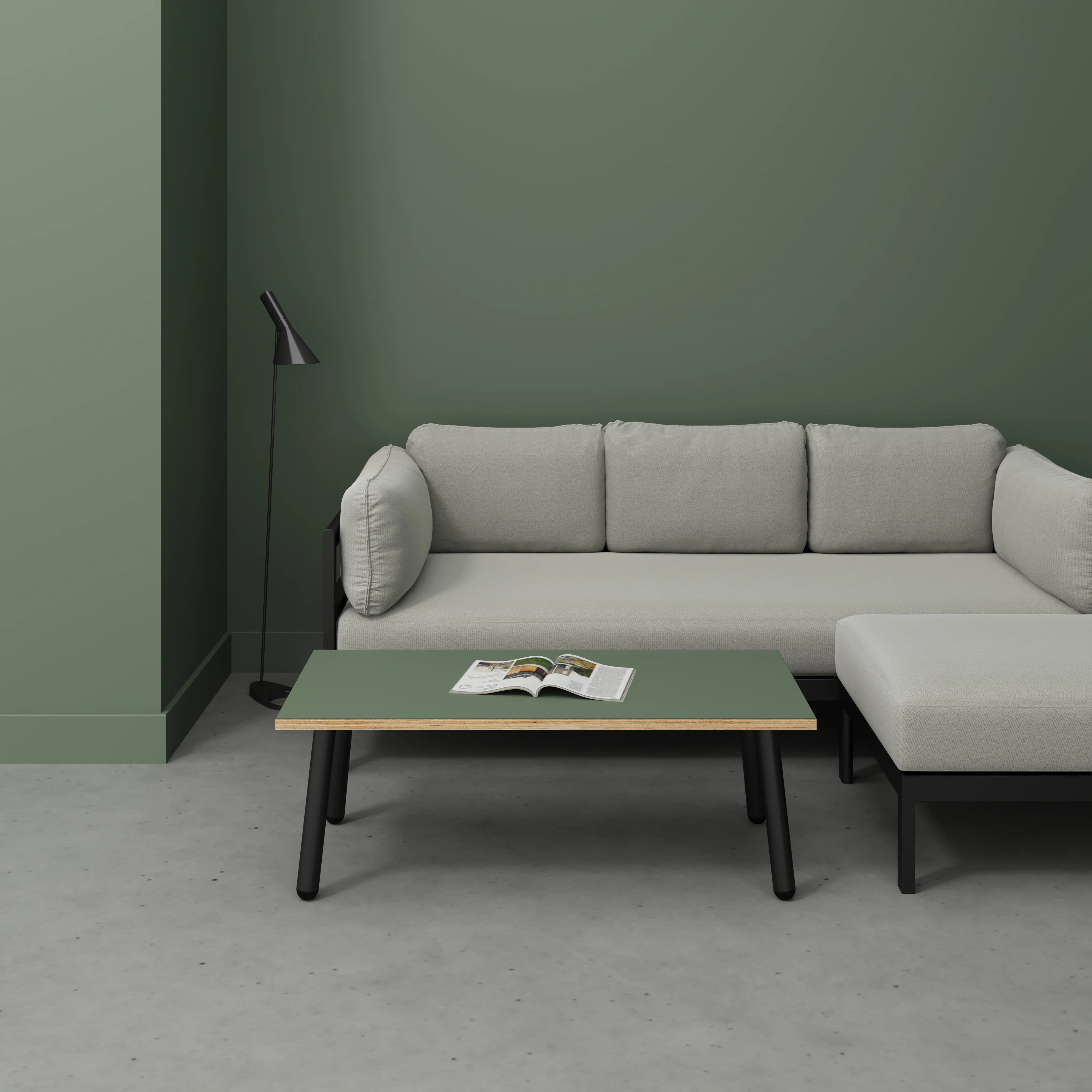 Plywood Coffee Table with Black Round Single Pin Legs - Formica Green Slate - 1200(w) x 600(d) x 425(h) - Image 2