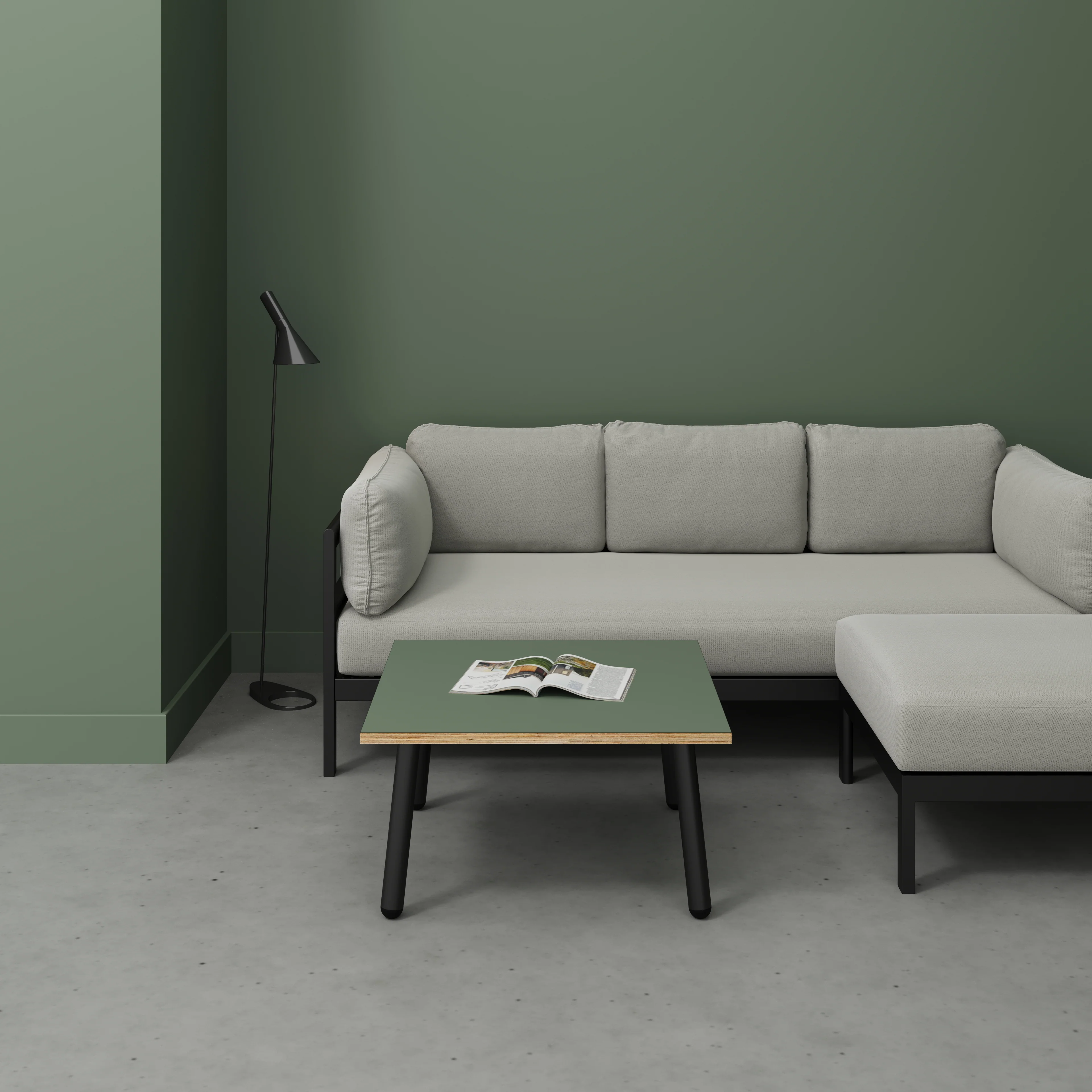 Plywood Coffee Table with Black Round Single Pin Legs - Formica Green Slate - 800(w) x 800(d) x 425(h) - Image 2