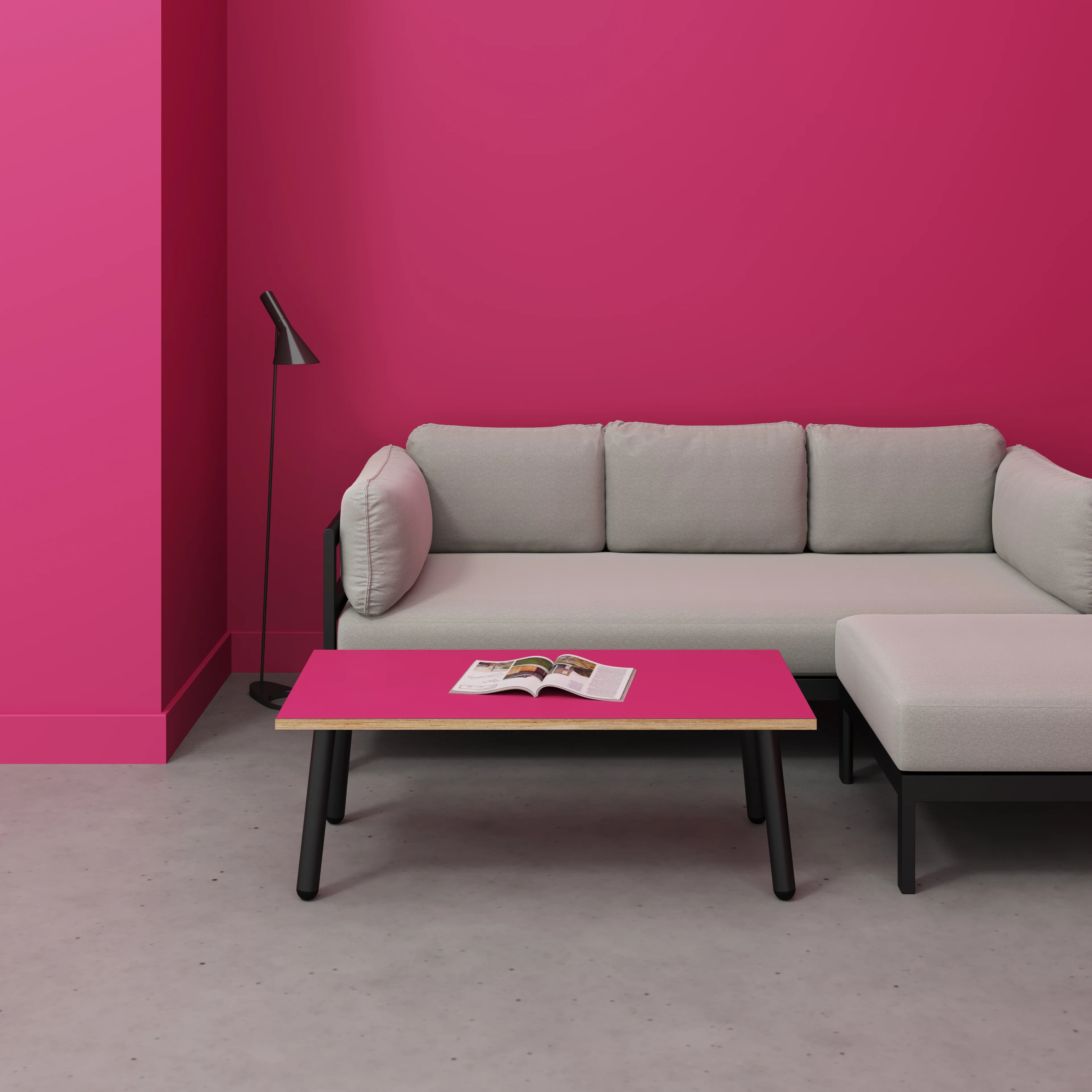 Plywood Coffee Table with Black Round Single Pin Legs - Formica Juicy Pink - 1200(w) x 600(d) x 425(h) - Image 2
