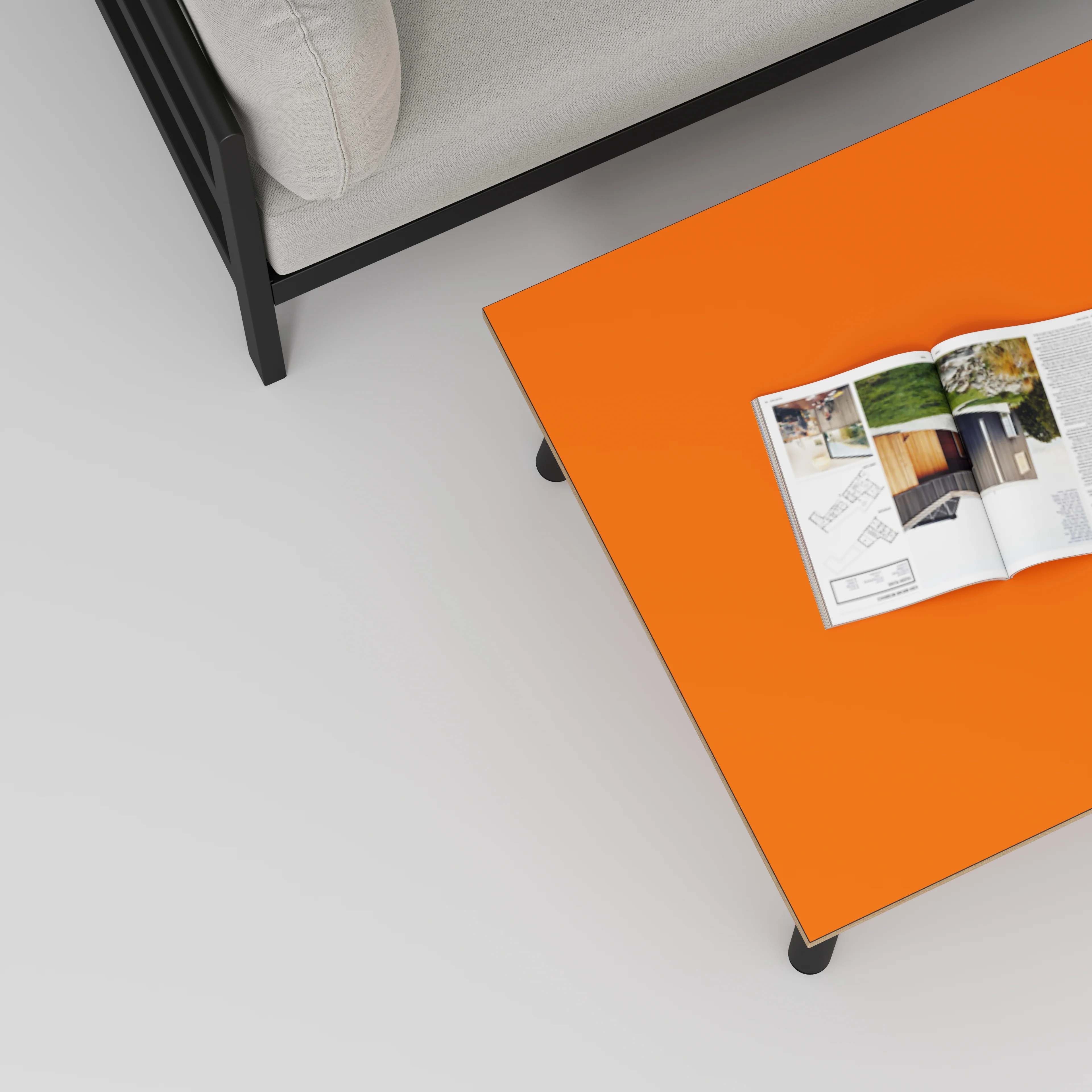 Plywood Coffee Table with Black Round Single Pin Legs - Formica Levante Orange - 800(w) x 800(d) x 425(h) - Image 3