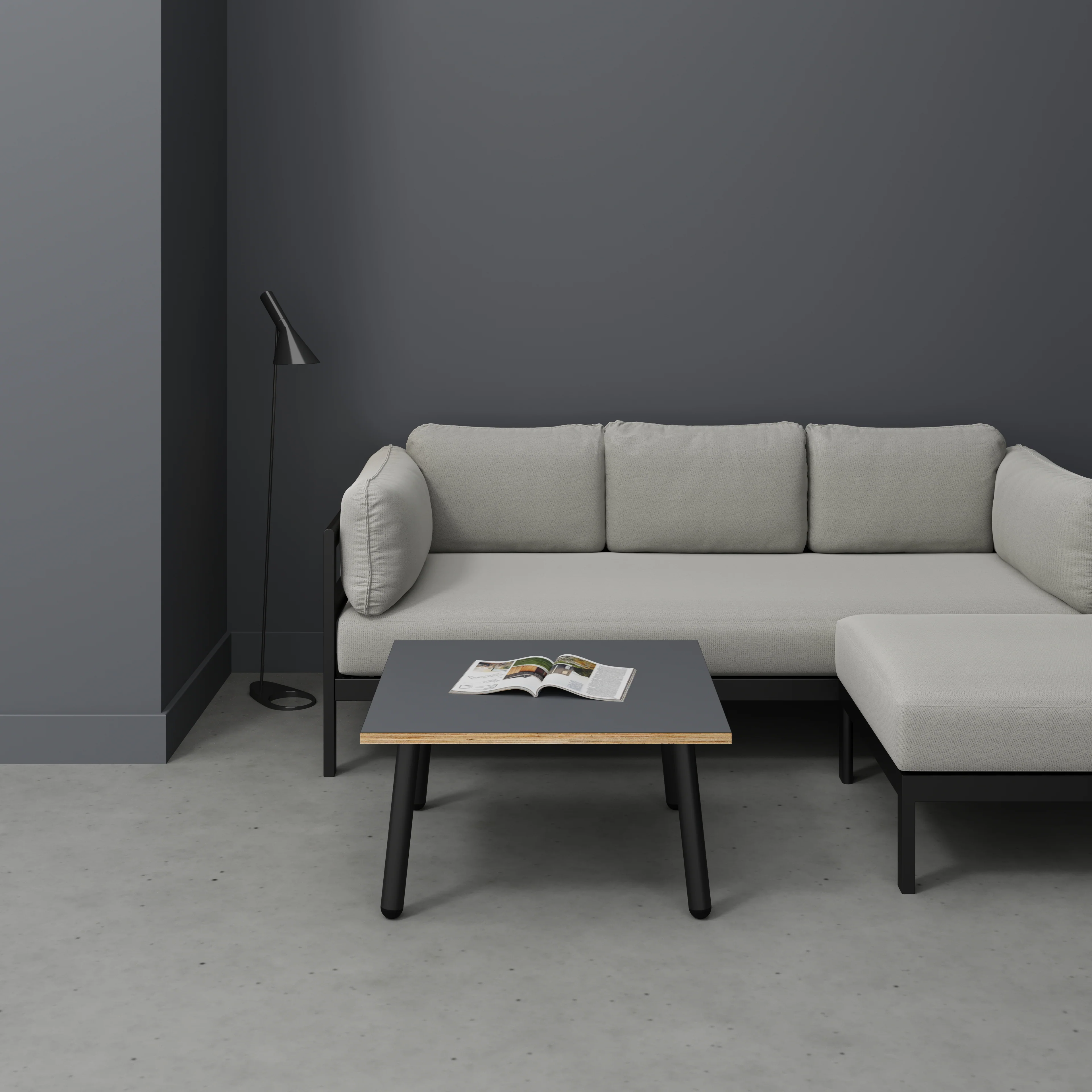 Plywood Coffee Table with Black Round Single Pin Legs - Formica Tornado Grey - 800(w) x 800(d) x 425(h) - Image 2