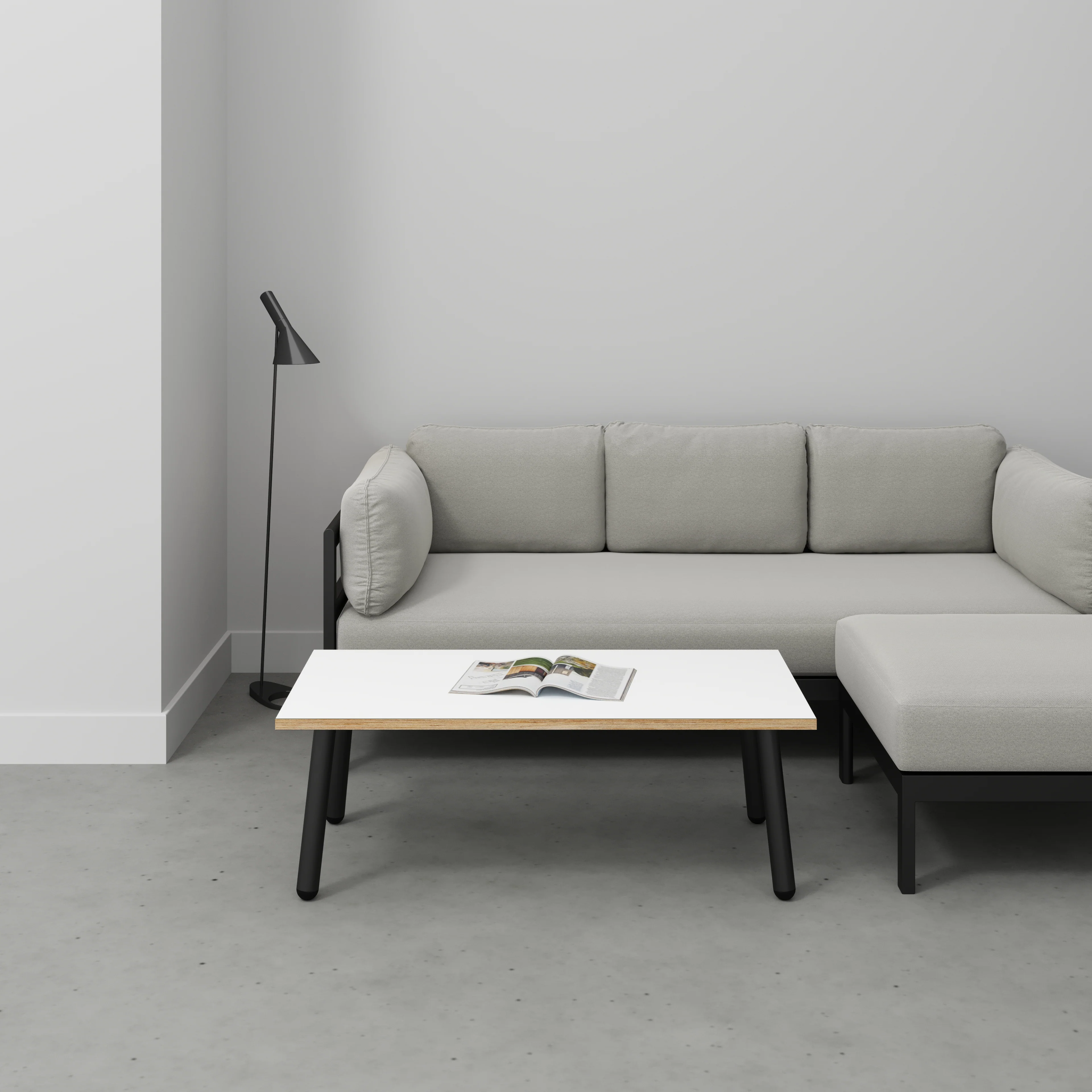 Plywood Coffee Table with Black Round Single Pin Legs - Formica White - 1200(w) x 600(d) x 425(h) - Image 2