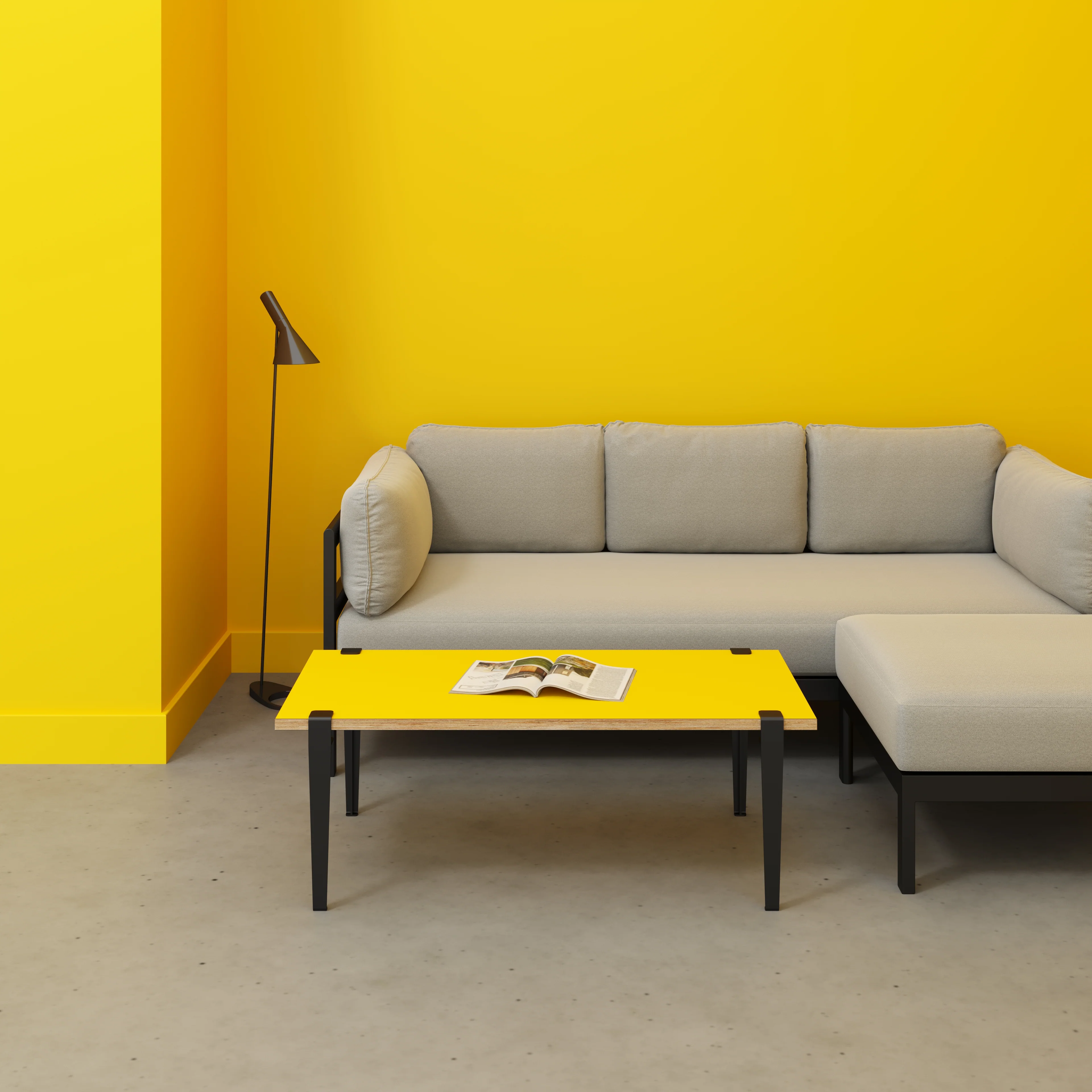 Plywood Coffee Table with Black Tiptoe Legs - Formica Chrome Yellow - 1200(w) x 600(d) x 430(h) - Image 2