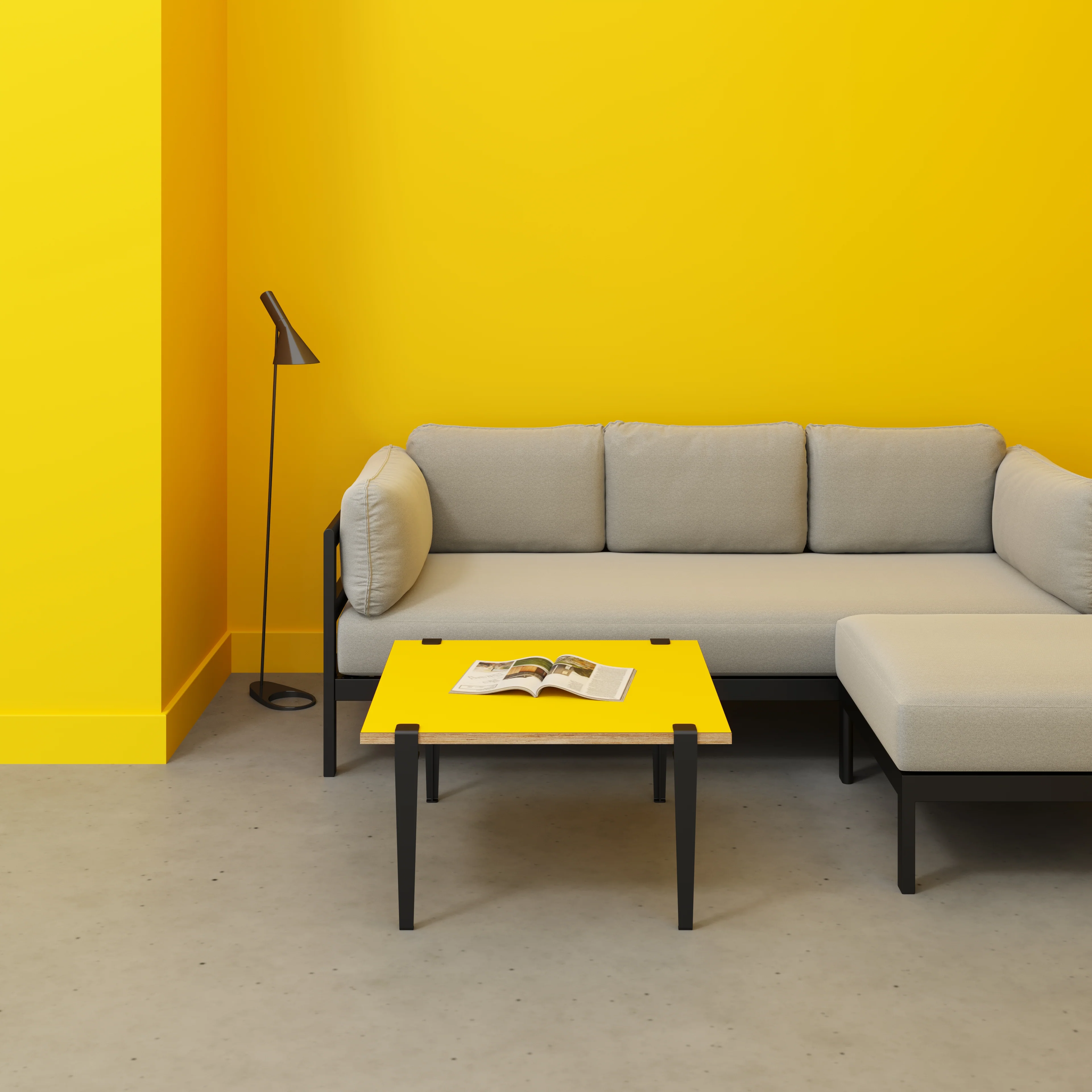 Plywood Coffee Table with Black Tiptoe Legs - Formica Chrome Yellow - 800(w) x 800(d) x 430(h) - Image 2