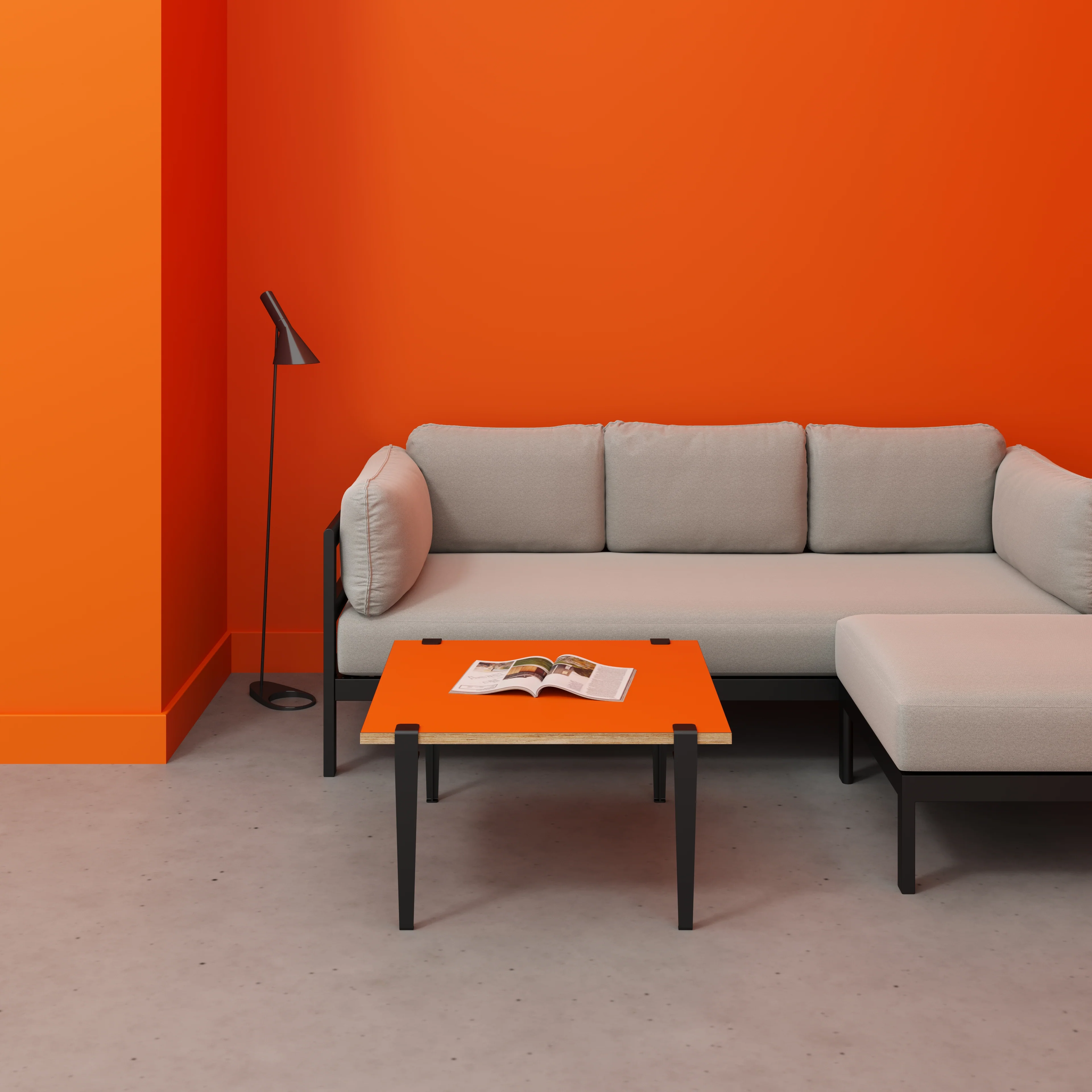 Plywood Coffee Table with Black Tiptoe Legs - Formica Levante Orange - 800(w) x 800(d) x 430(h) - Image 2