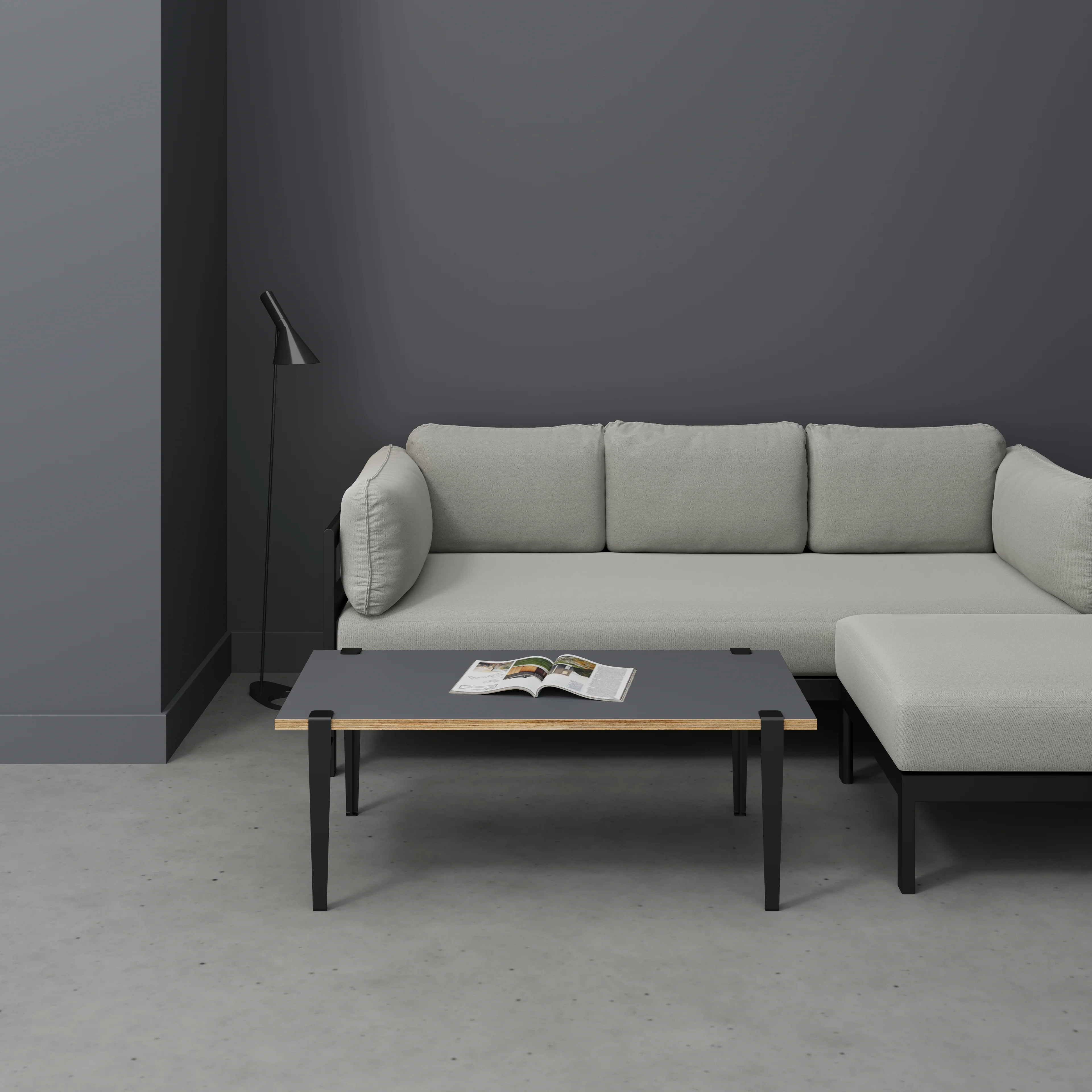 Plywood Coffee Table with Black Tiptoe Legs - Formica Tornado Grey - 1200(w) x 600(d) x 430(h) - Image 2