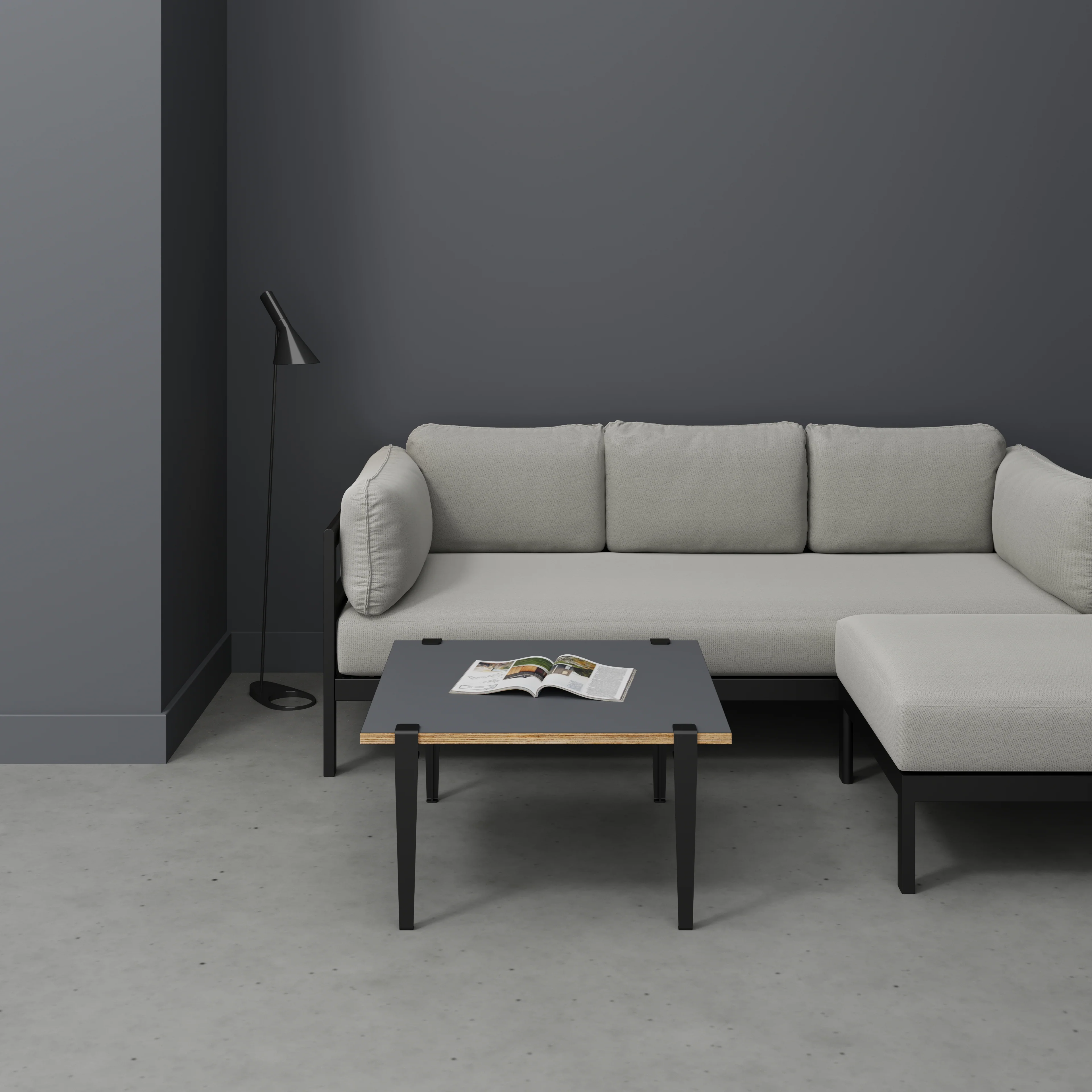Plywood Coffee Table with Black Tiptoe Legs - Formica Tornado Grey - 800(w) x 800(d) x 430(h) - Image 2