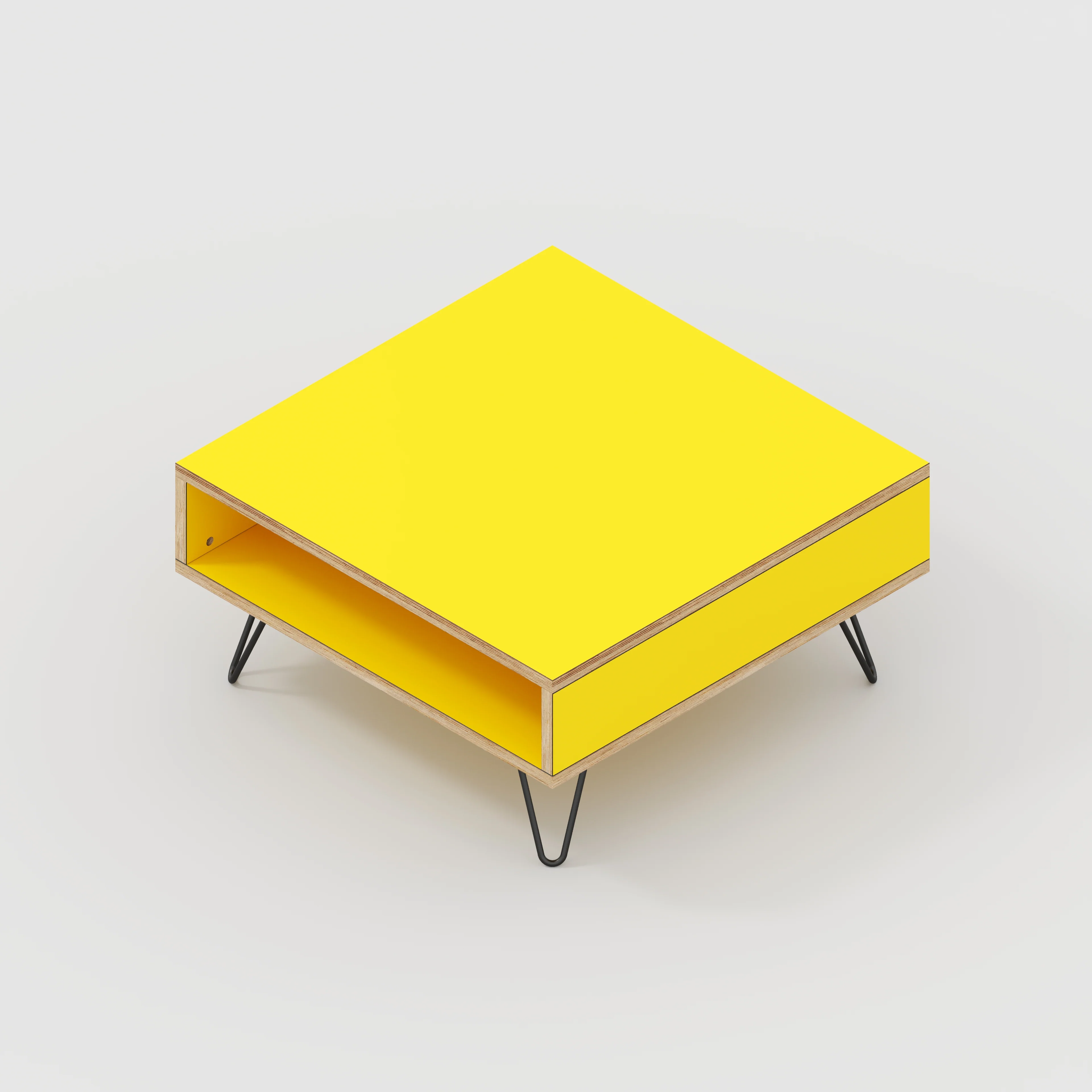 Plywood Coffee Table with Box Storage and Black Hairpin Legs - Formica Chrome Yellow - 800(w) x 800(d) x 400(h) - Image 4