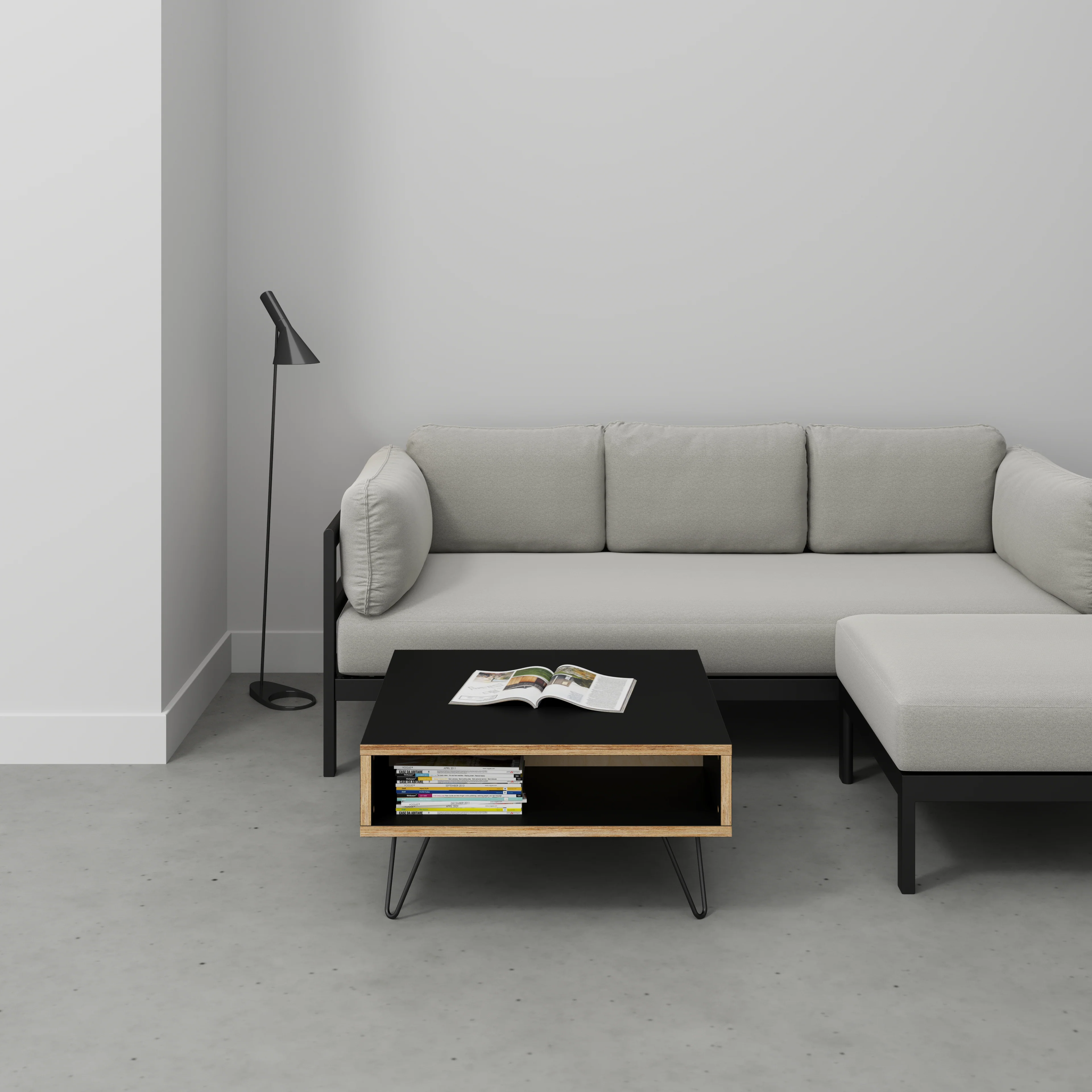 Plywood Coffee Table with Box Storage and Black Hairpin Legs - Formica Diamond Black - 800(w) x 800(d) x 400(h) - Image 2