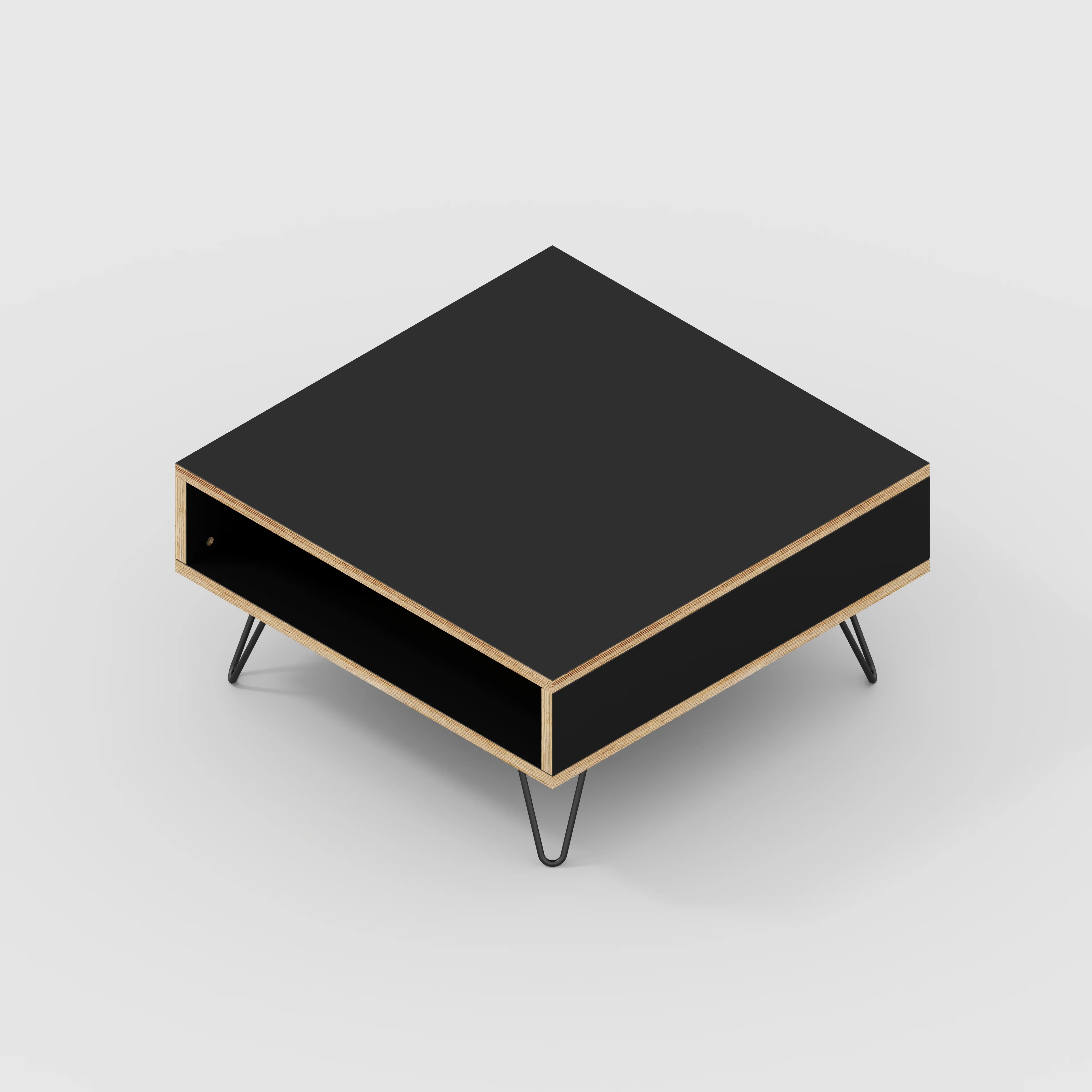 Plywood Coffee Table with Box Storage and Black Hairpin Legs - Formica Diamond Black - 800(w) x 800(d) x 400(h) - Image 4