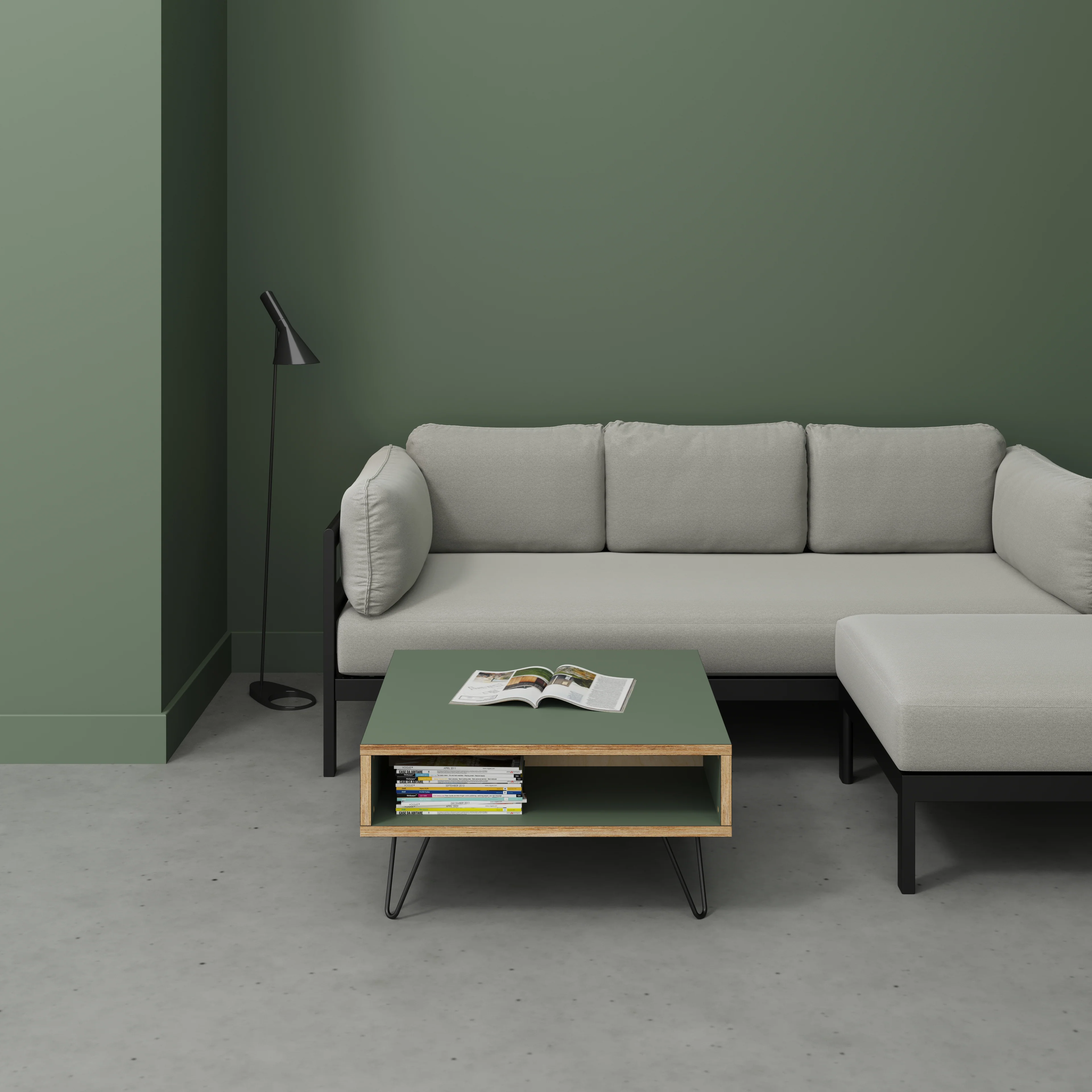 Plywood Coffee Table with Box Storage and Black Hairpin Legs - Formica Green Slate - 800(w) x 800(d) x 400(h) - Image 2