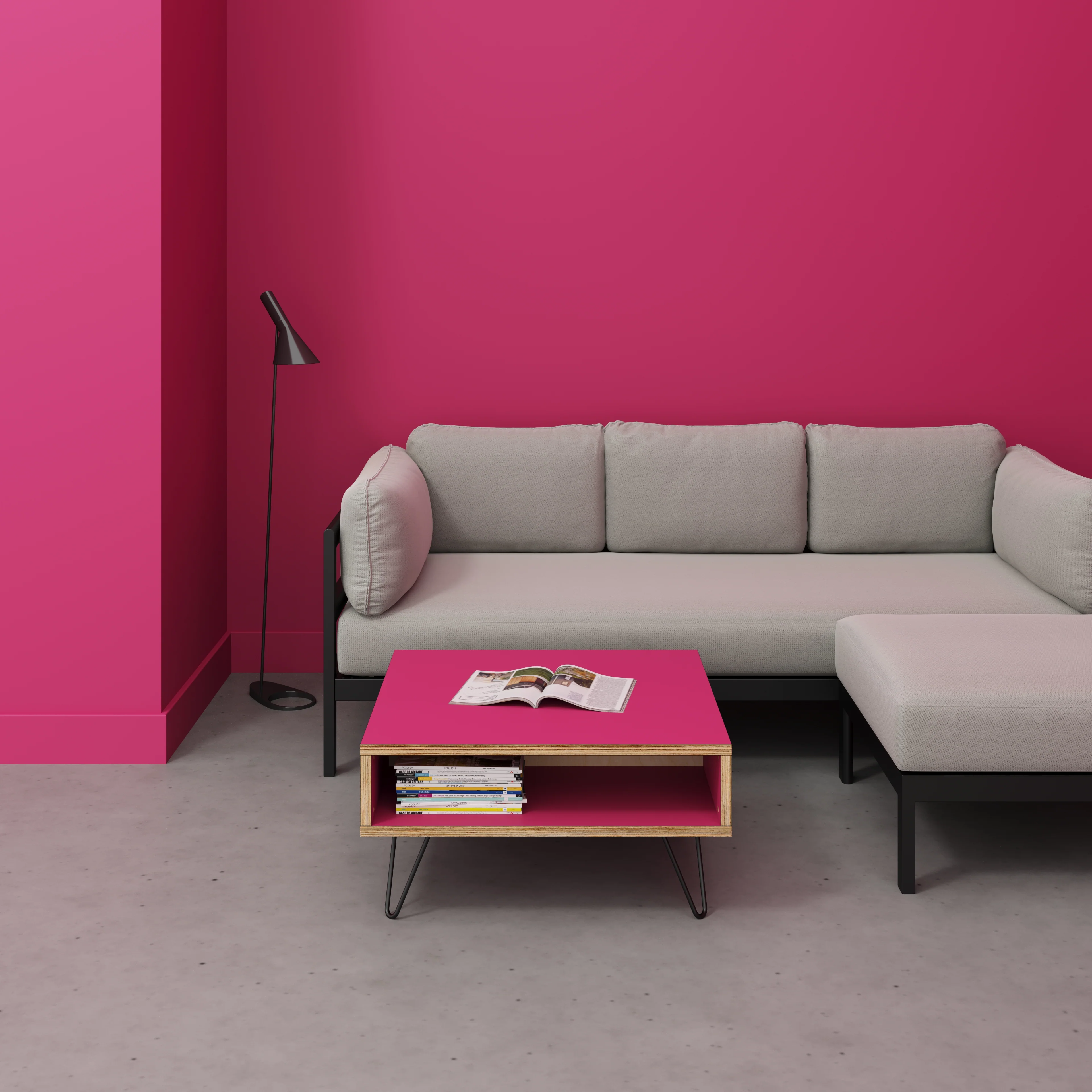 Plywood Coffee Table with Box Storage and Black Hairpin Legs - Formica Juicy Pink - 800(w) x 800(d) x 400(h) - Image 2