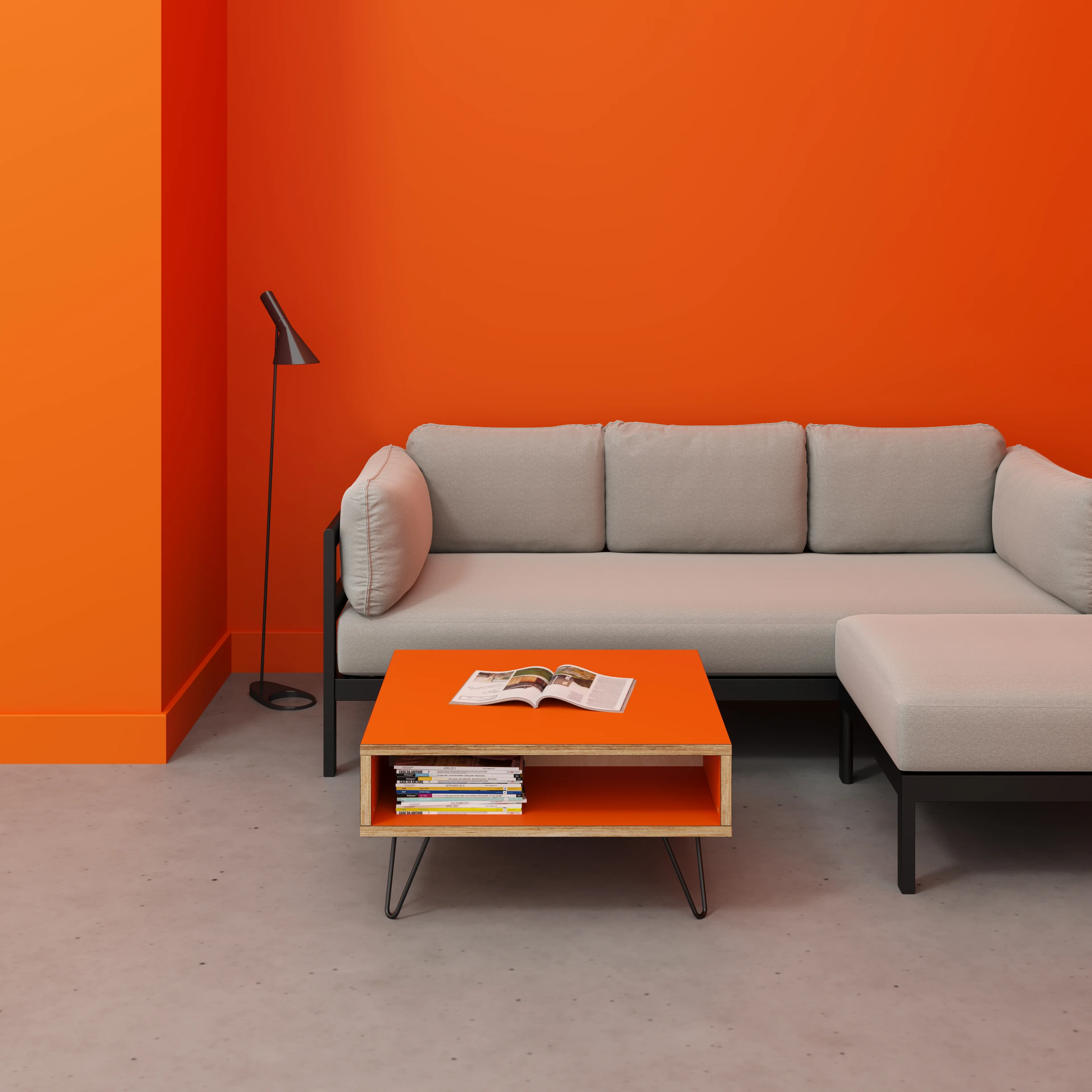 Plywood Coffee Table with Box Storage and Black Hairpin Legs - Formica Levante Orange - 800(w) x 800(d) x 400(h) - Image 2
