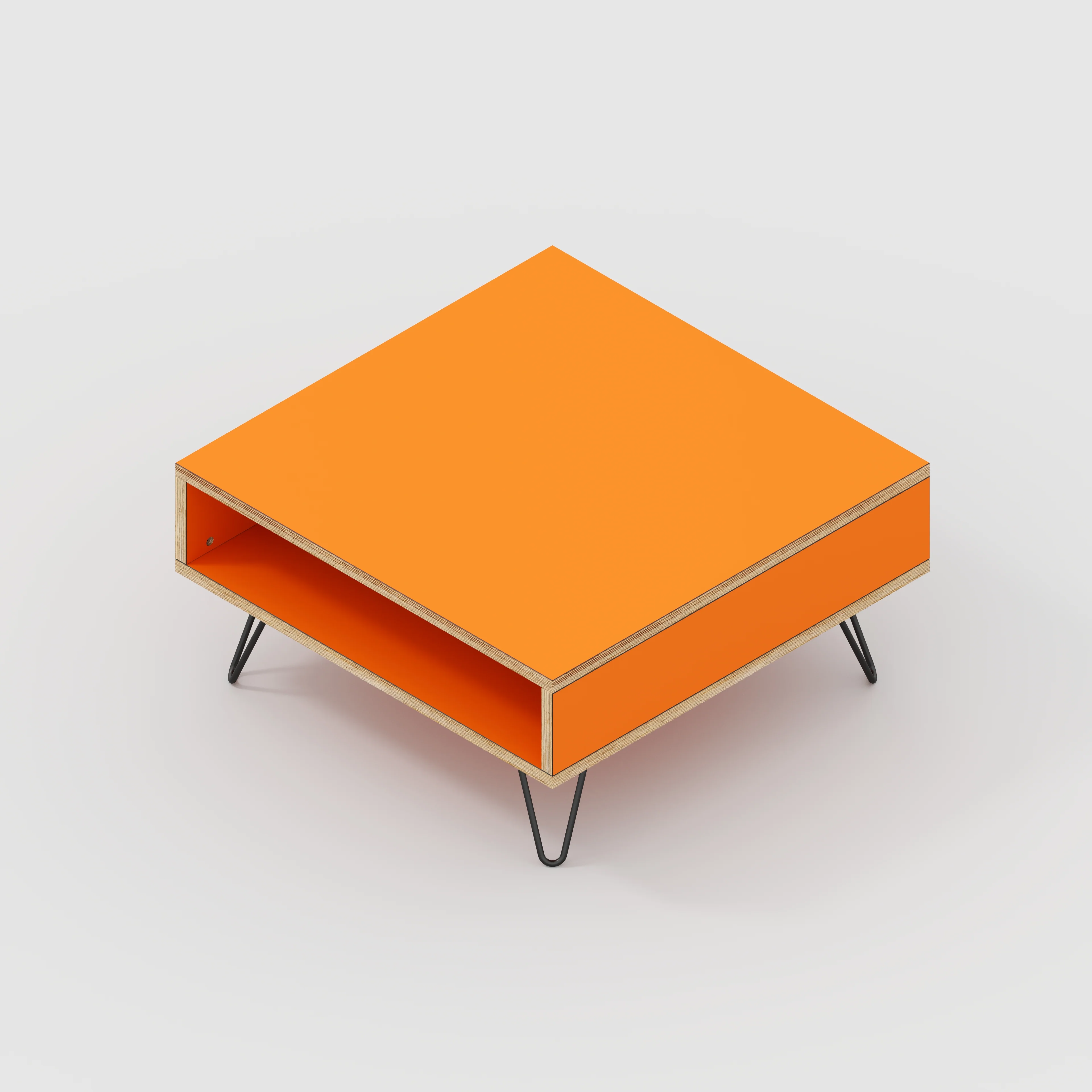 Plywood Coffee Table with Box Storage and Black Hairpin Legs - Formica Levante Orange - 800(w) x 800(d) x 400(h) - Image 4