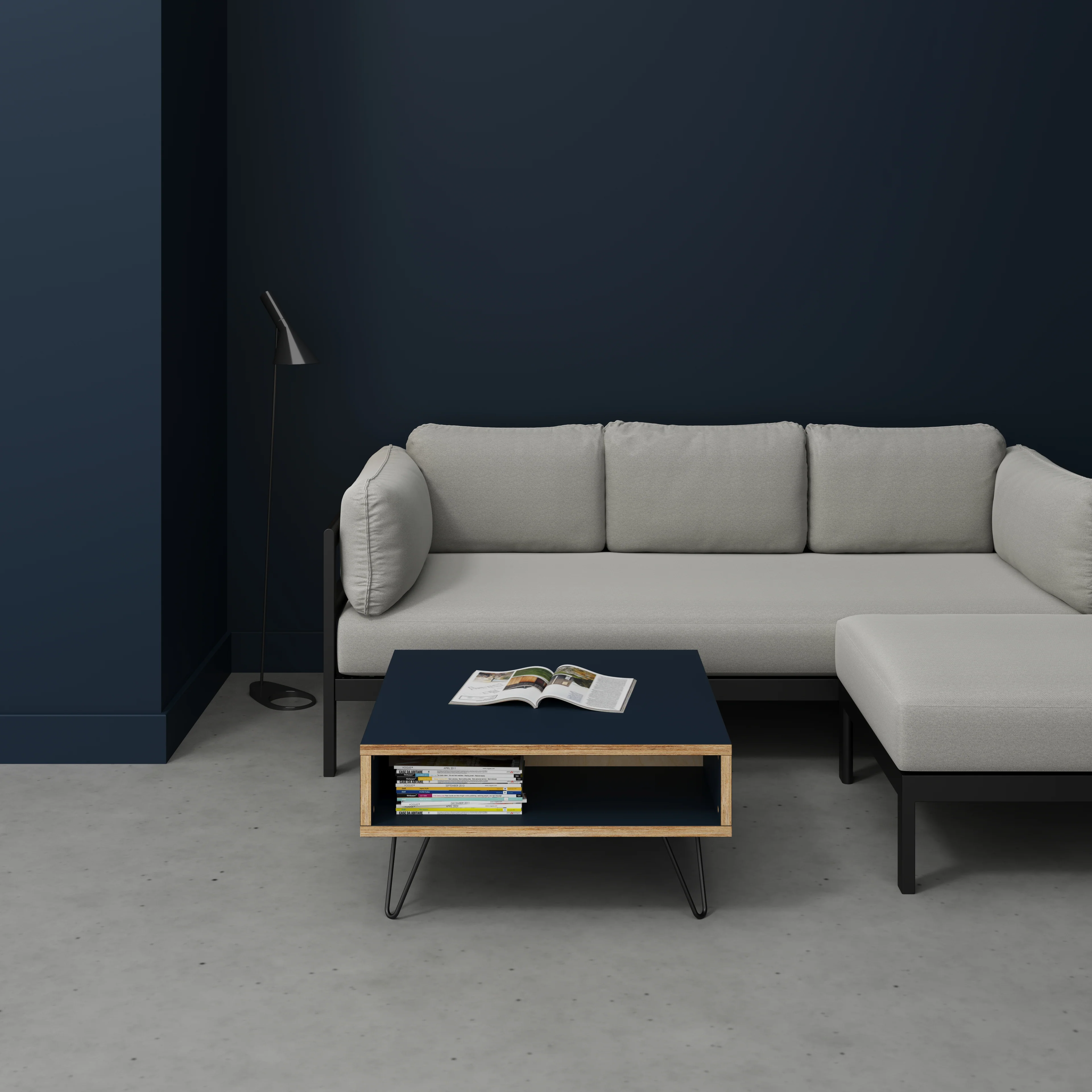 Plywood Coffee Table with Box Storage and Black Hairpin Legs - Formica Night Sea Blue - 800(w) x 800(d) x 400(h) - Image 2