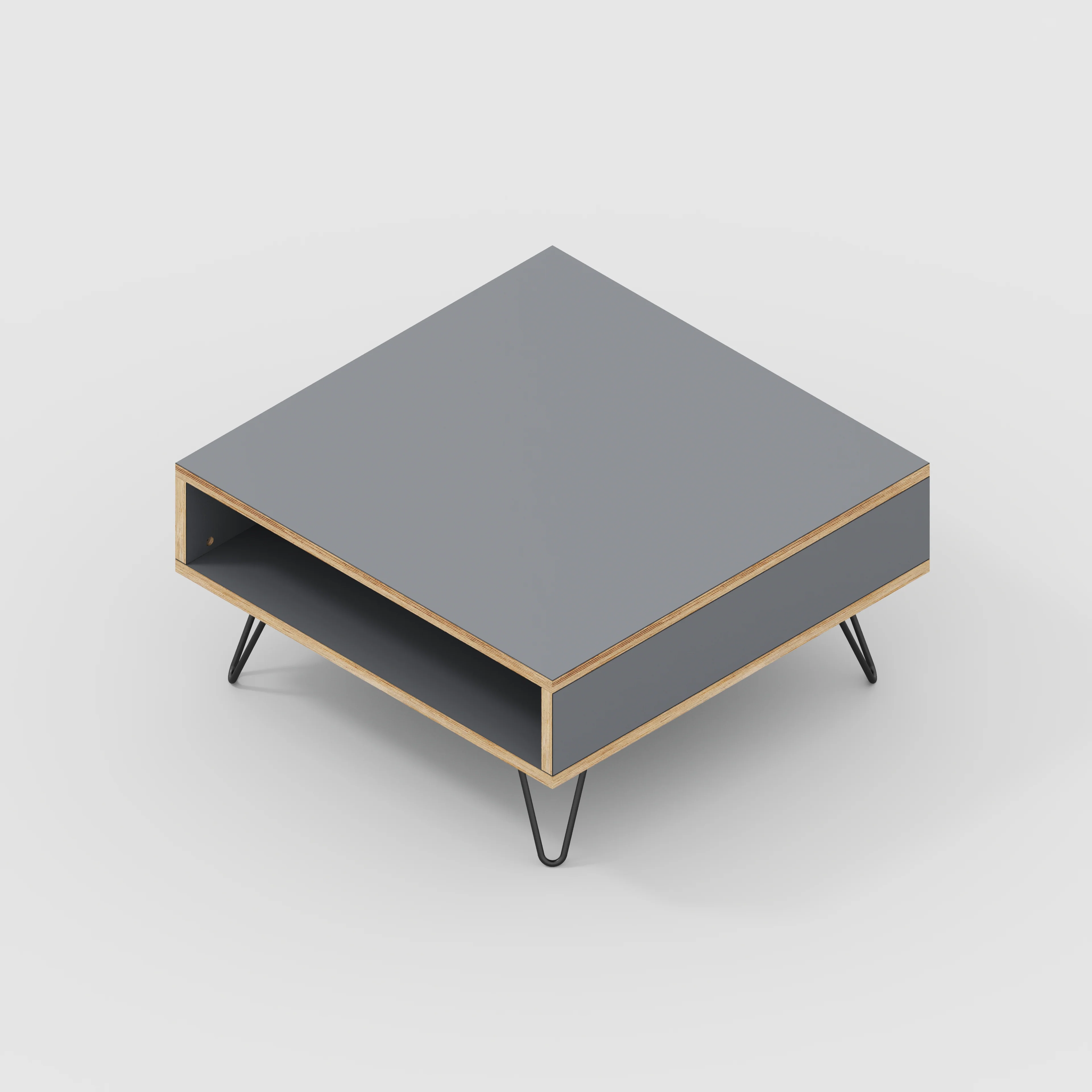 Plywood Coffee Table with Box Storage and Black Hairpin Legs - Formica Tornado Grey - 800(w) x 800(d) x 400(h) - Image 4