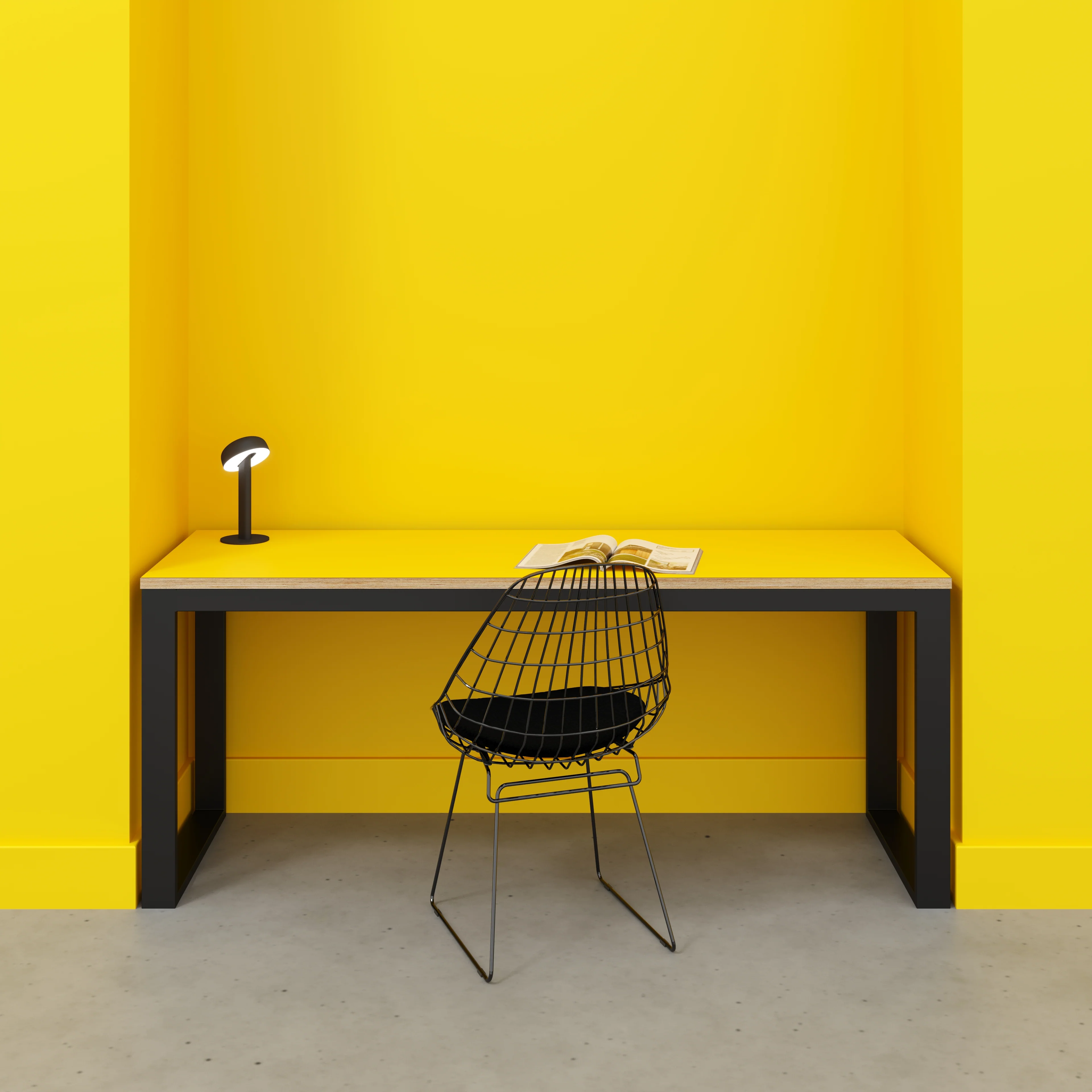 Plywood Desk with Black Industrial Frame - Formica Chrome Yellow - 1800(w) x 585(d) x 735(h) - Image 2