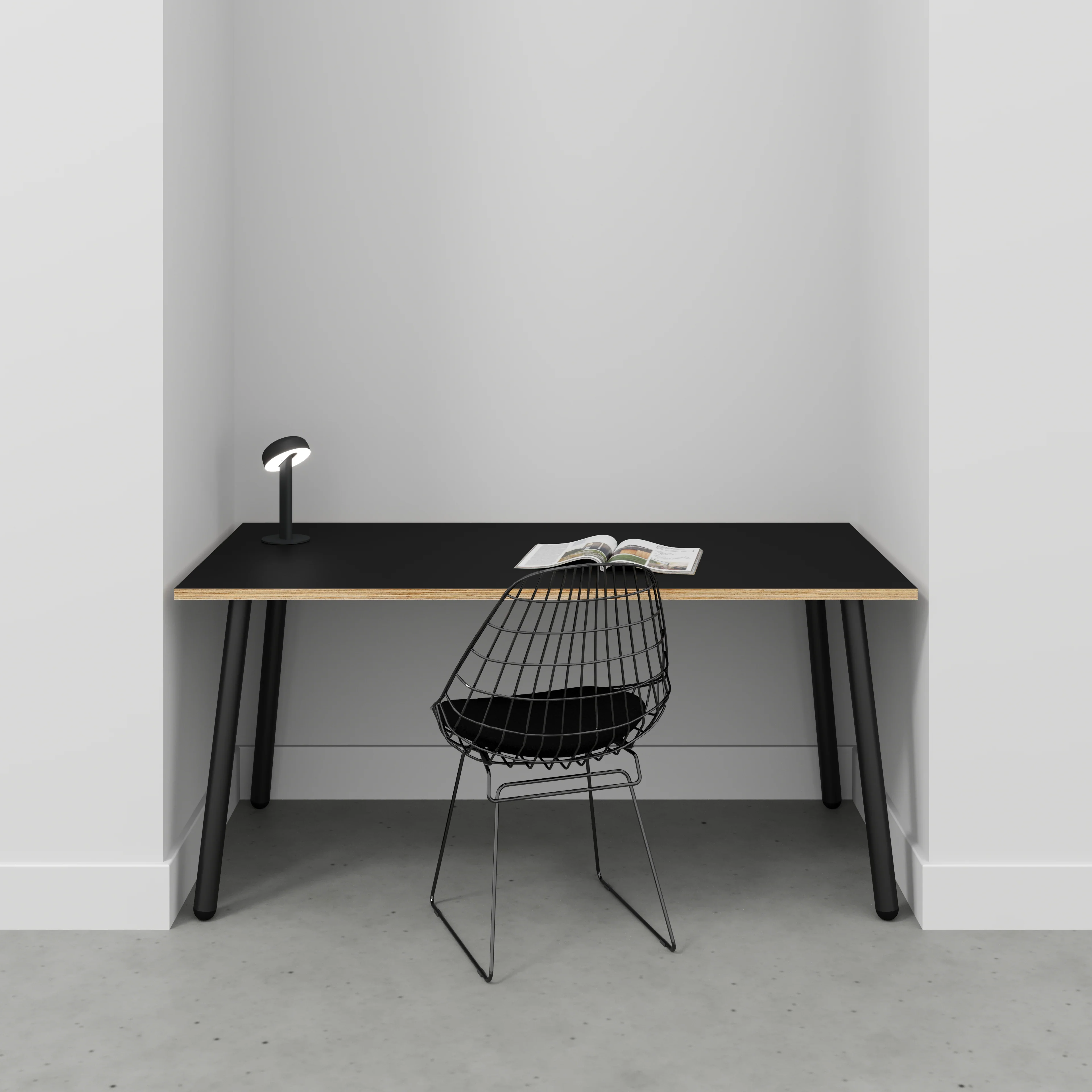 Plywood Desk with Black Round Single Pin Legs - Formica Diamond Black - 1600(w) x 800(d) x 735(h) - Image 2