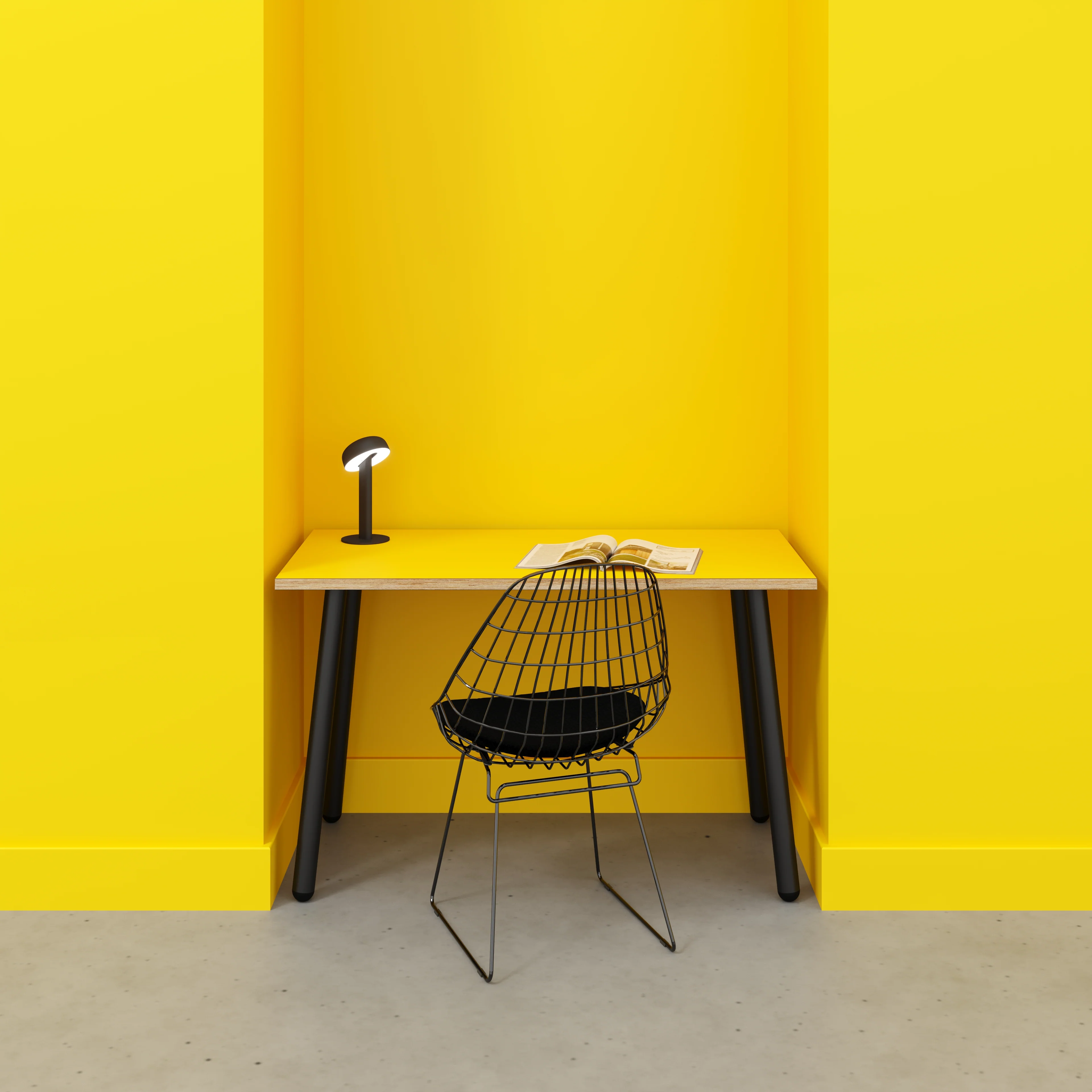 Plywood Desk with Black Round Single Pin Legs - Formica Chrome Yellow - 1200(w) x 600(d) x 735(h) - Image 2