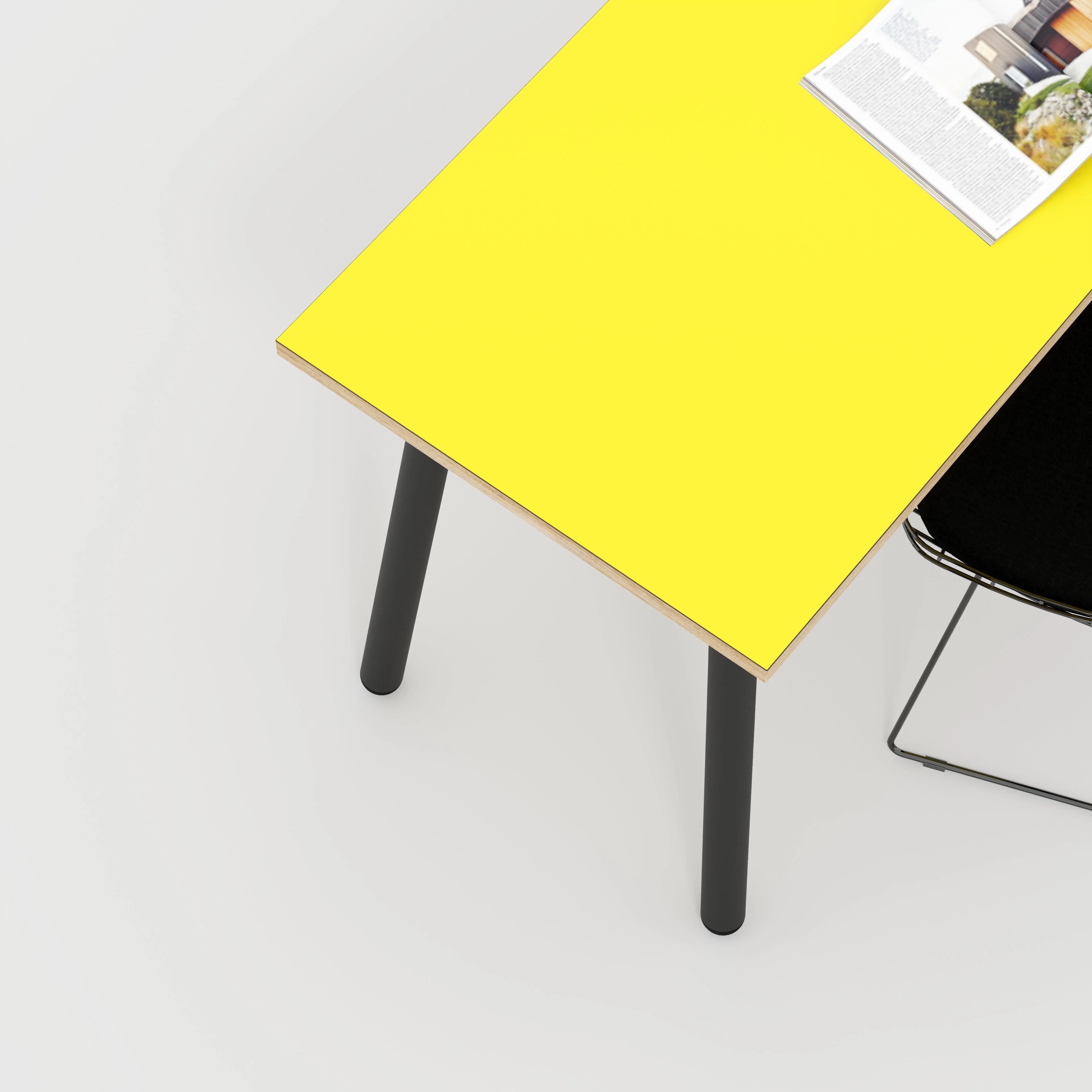 Plywood Desk with Black Round Single Pin Legs - Formica Chrome Yellow - 1200(w) x 600(d) x 735(h) - Image 3