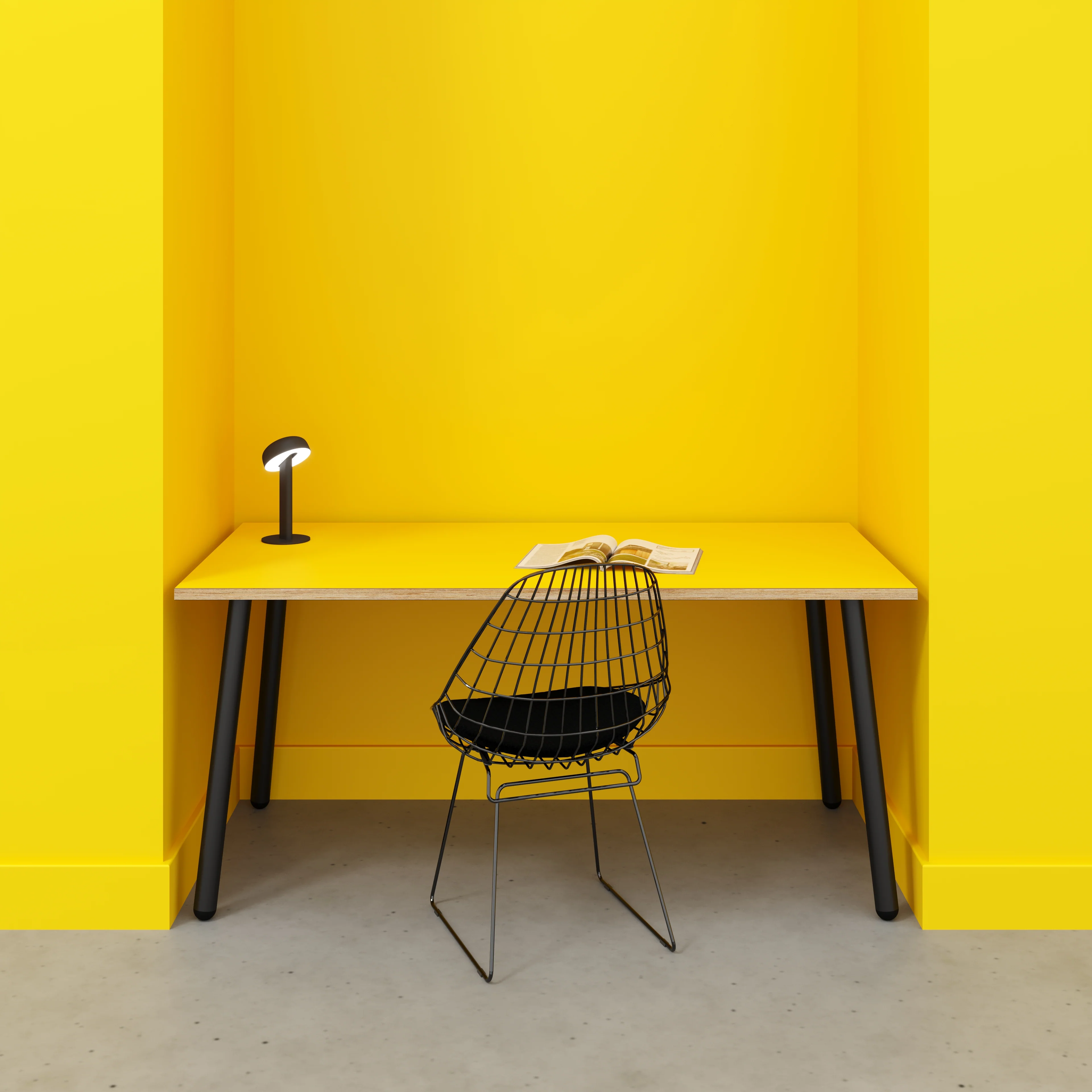 Plywood Desk with Black Round Single Pin Legs - Formica Chrome Yellow - 1600(w) x 800(d) x 735(h) - Image 2