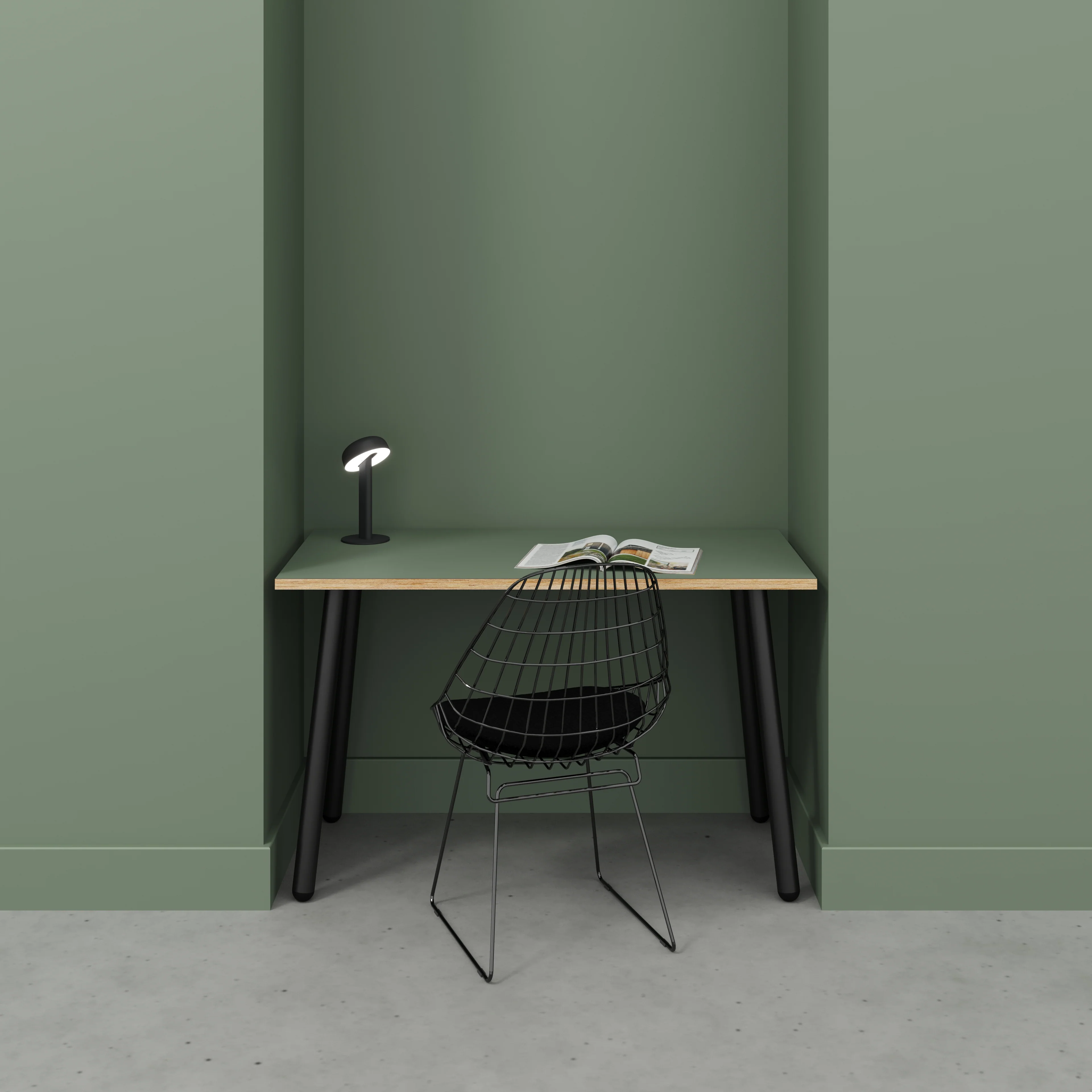 Plywood Desk with Black Round Single Pin Legs - Formica Green Slate - 1200(w) x 600(d) x 735(h) - Image 2