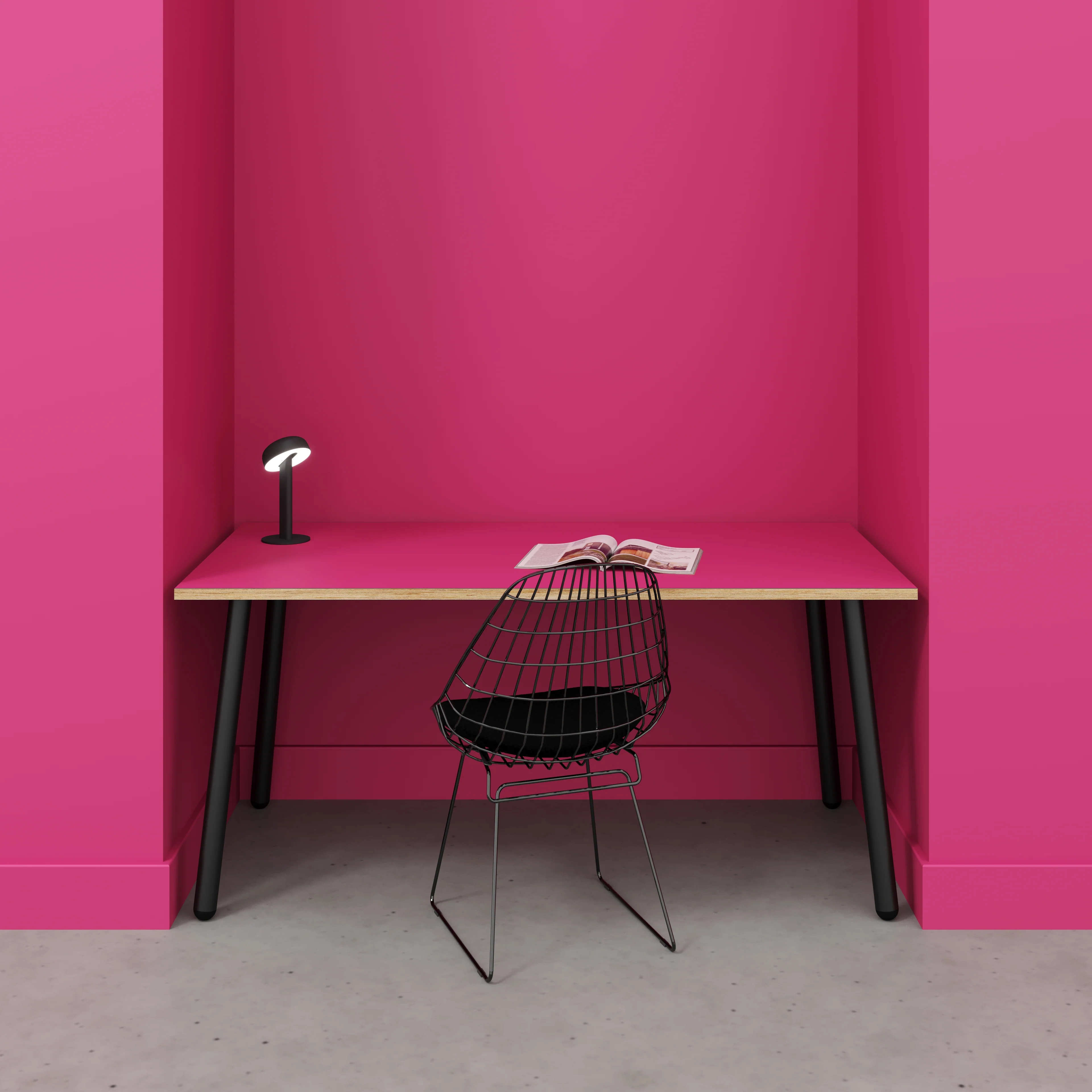 Plywood Desk with Black Round Single Pin Legs - Formica Juicy Pink - 1600(w) x 800(d) x 735(h) - Image 2