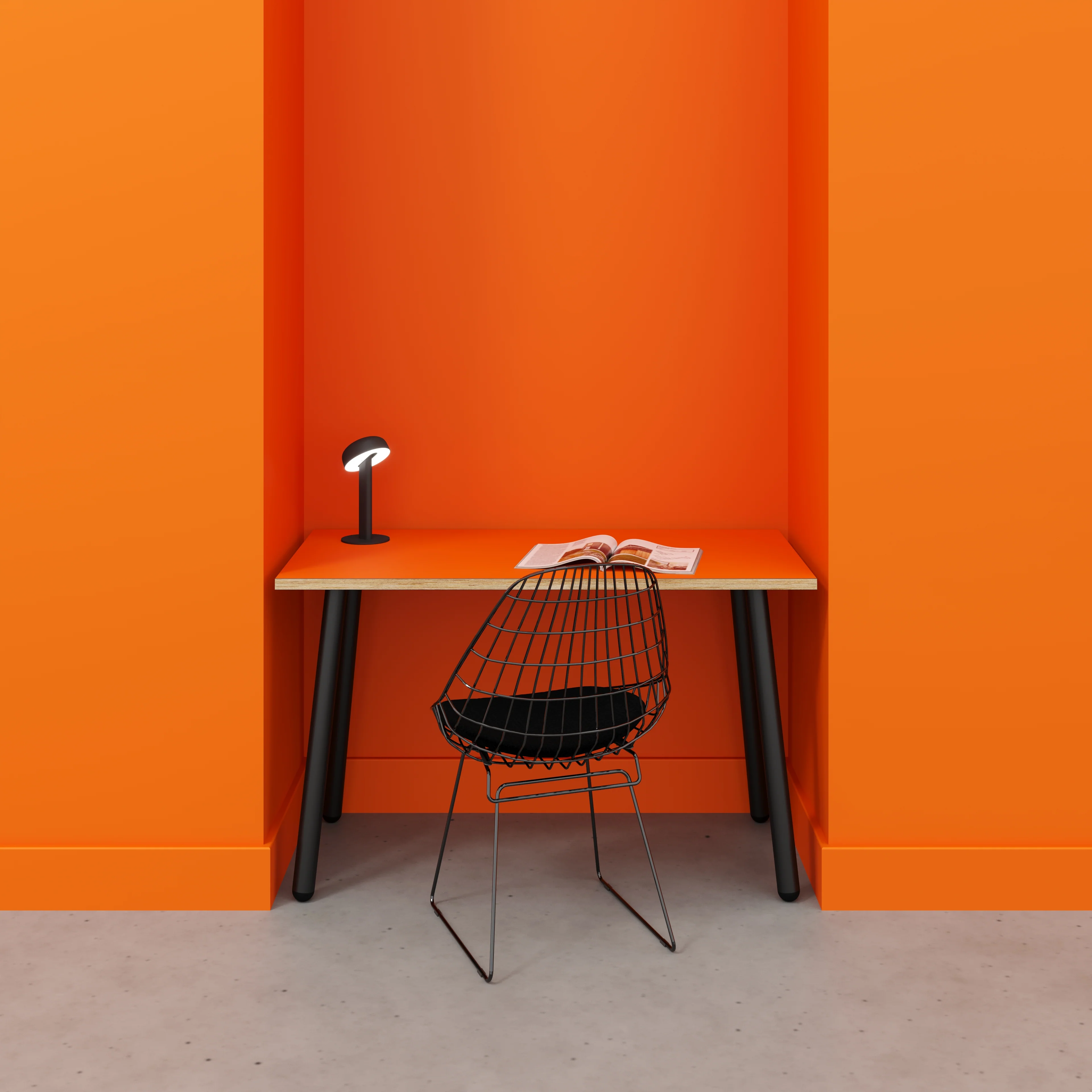 Plywood Desk with Black Round Single Pin Legs - Formica Levante Orange - 1200(w) x 600(d) x 735(h) - Image 2
