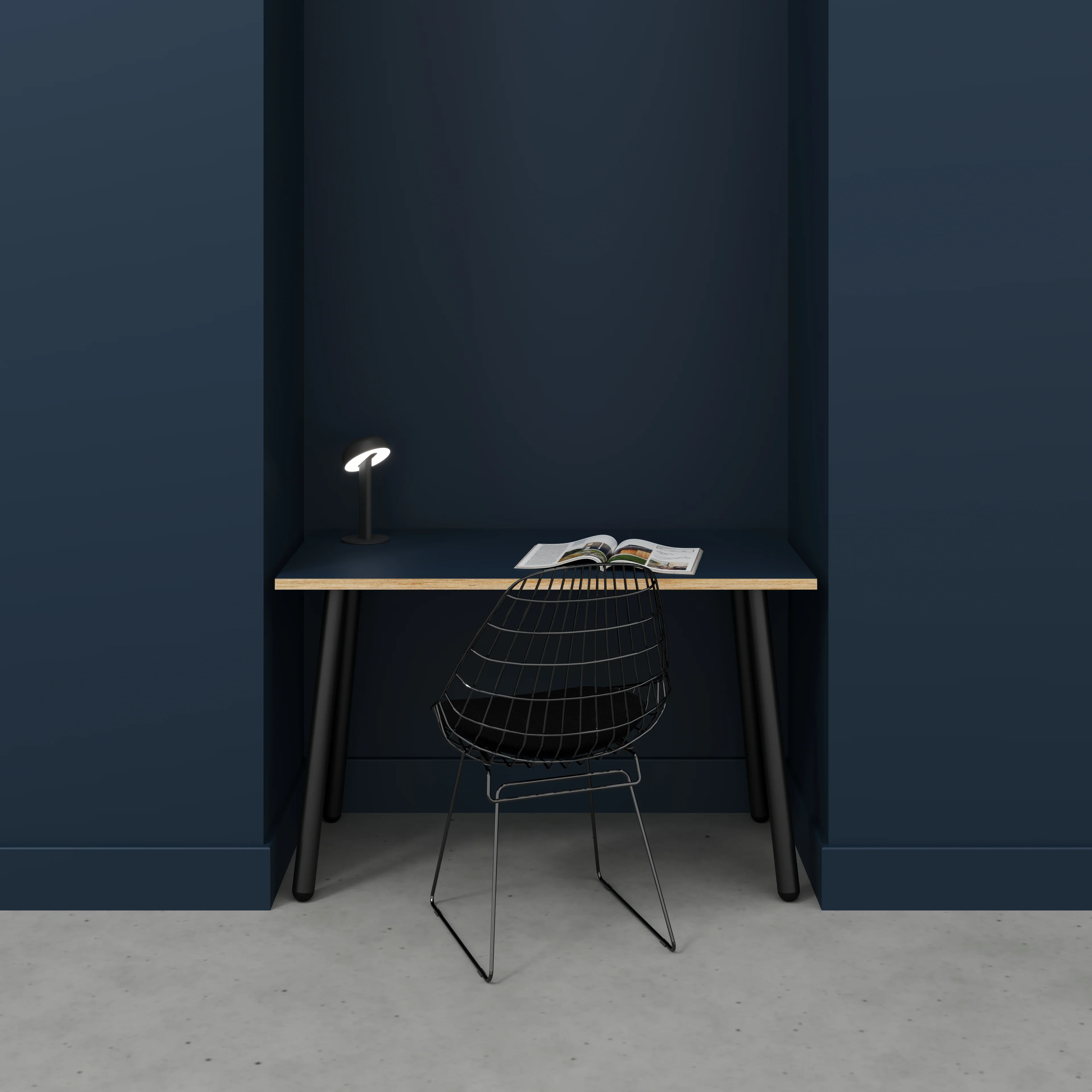 Plywood Desk with Black Round Single Pin Legs - Formica Night Sea Blue - 1200(w) x 600(d) x 735(h) - Image 2