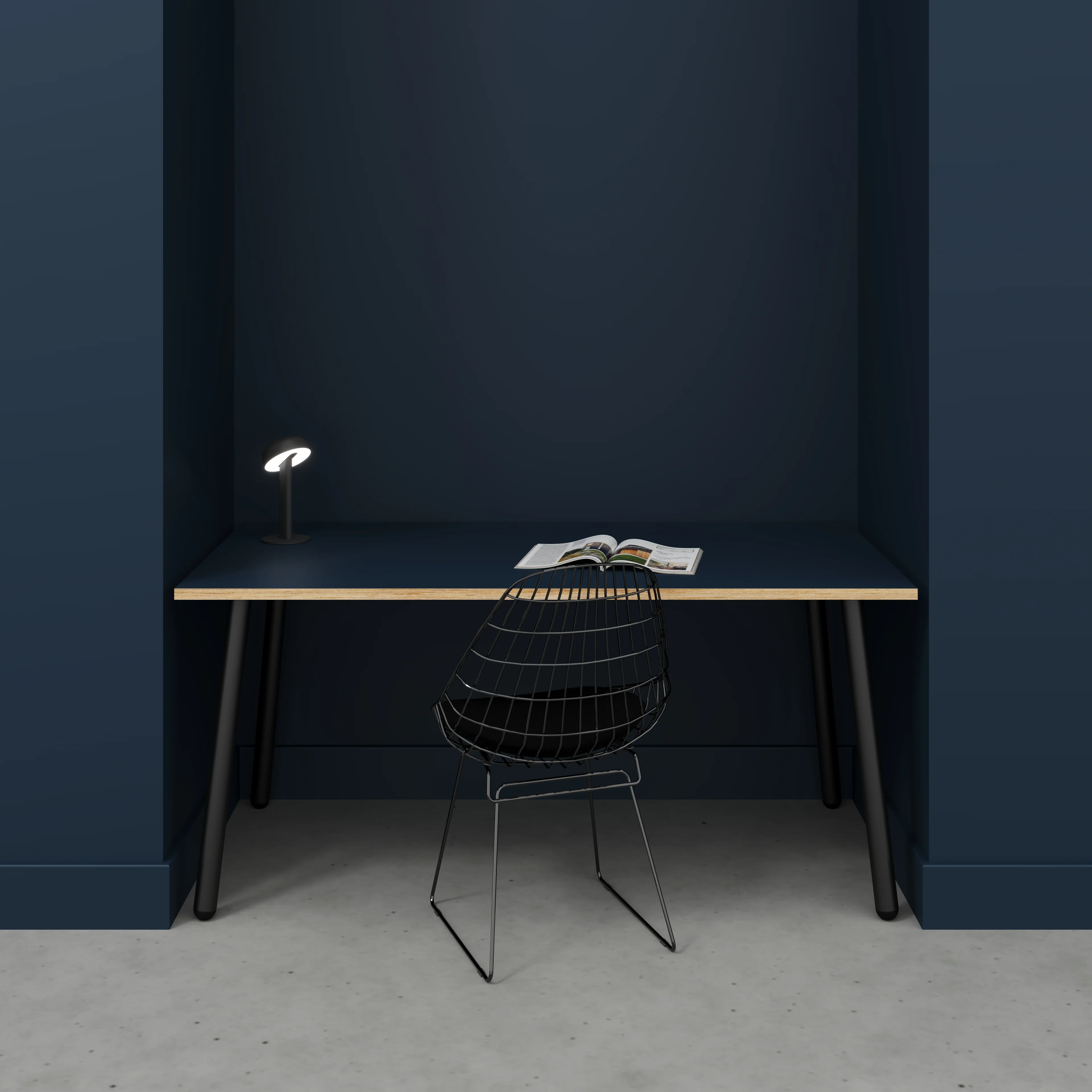 Plywood Desk with Black Round Single Pin Legs - Formica Night Sea Blue - 1600(w) x 800(d) x 735(h) - Image 2