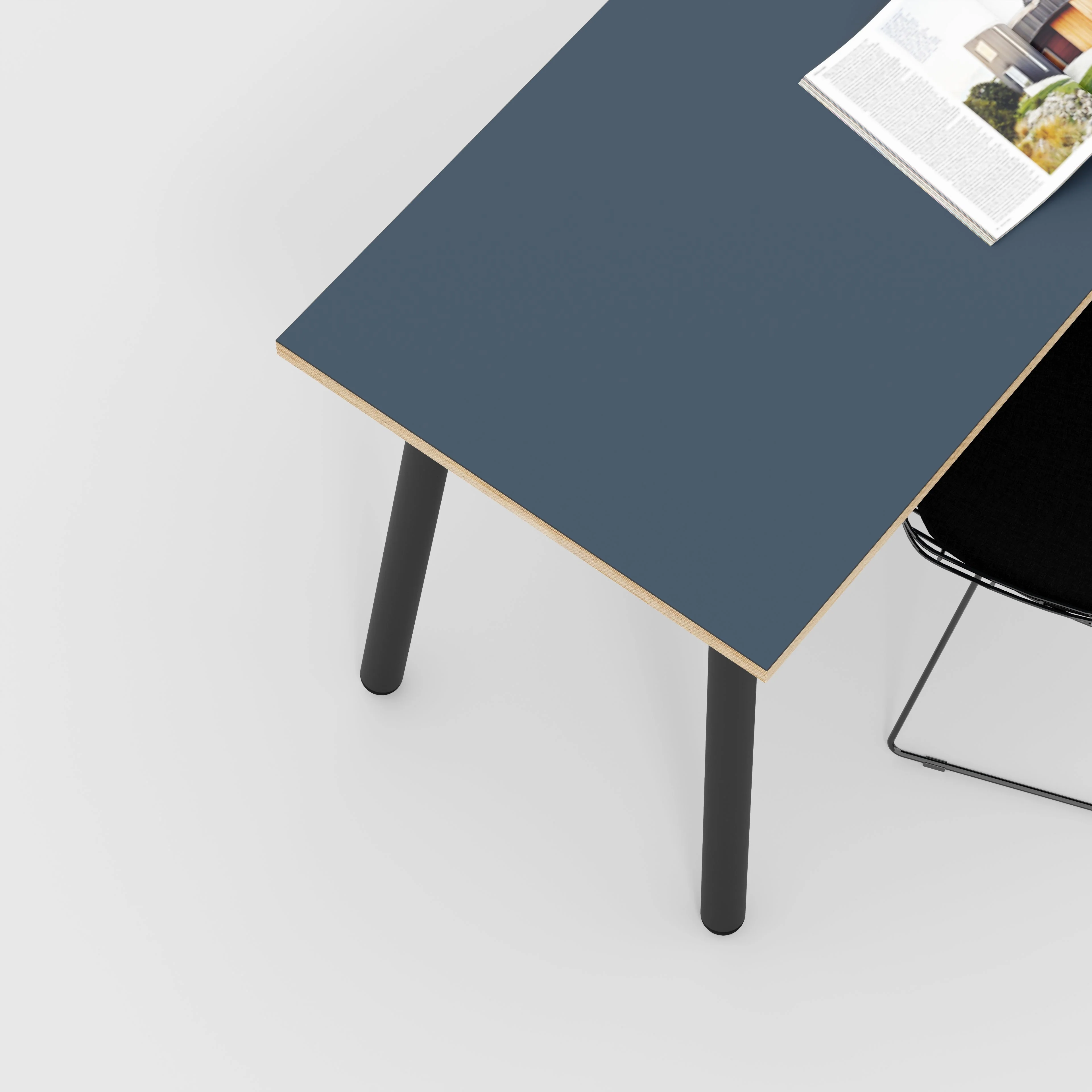 Plywood Desk with Black Round Single Pin Legs - Formica Night Sea Blue - 1600(w) x 800(d) x 735(h) - Image 3