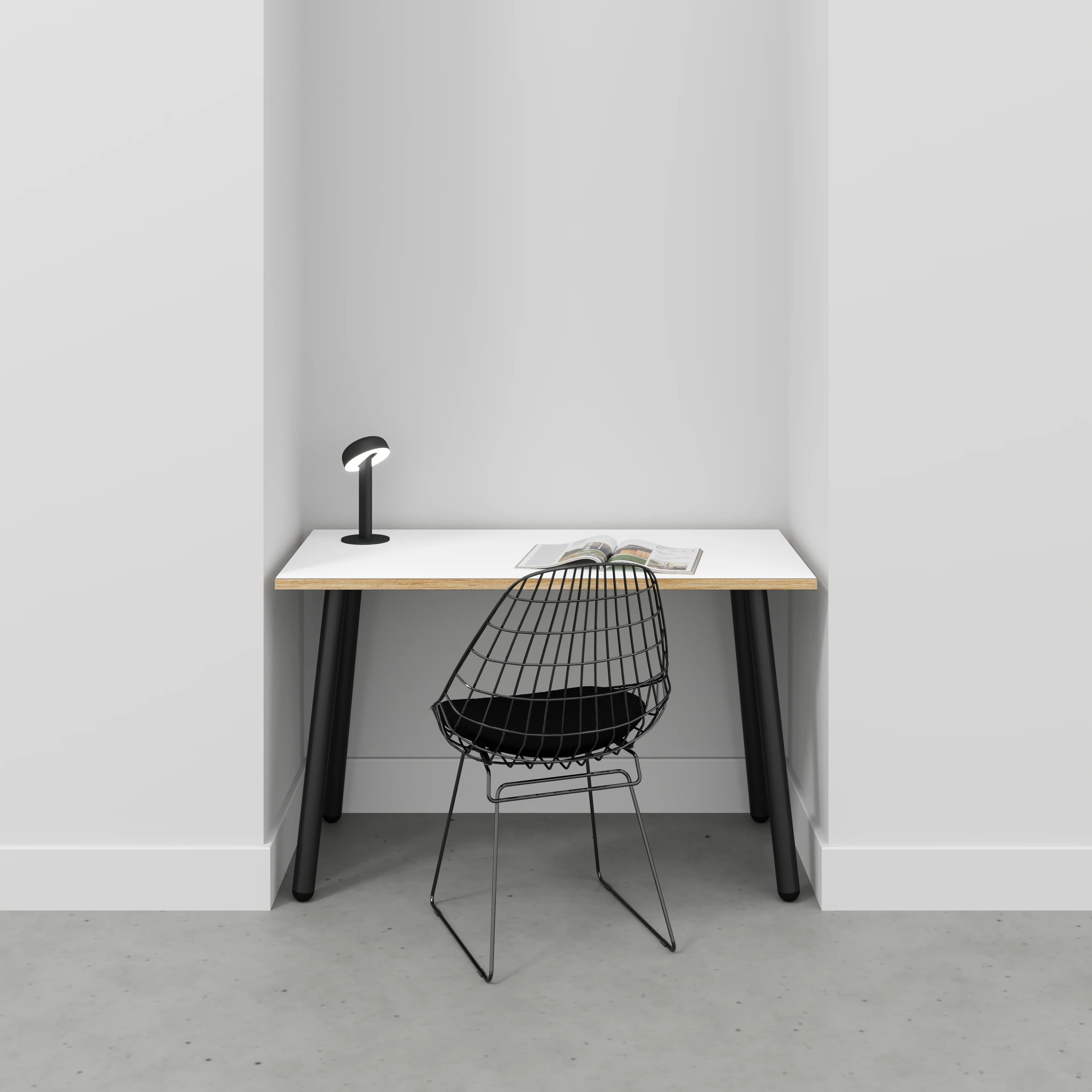 Plywood Desk with Black Round Single Pin Legs - Formica White - 1200(w) x 600(d) x 735(h) - Image 2