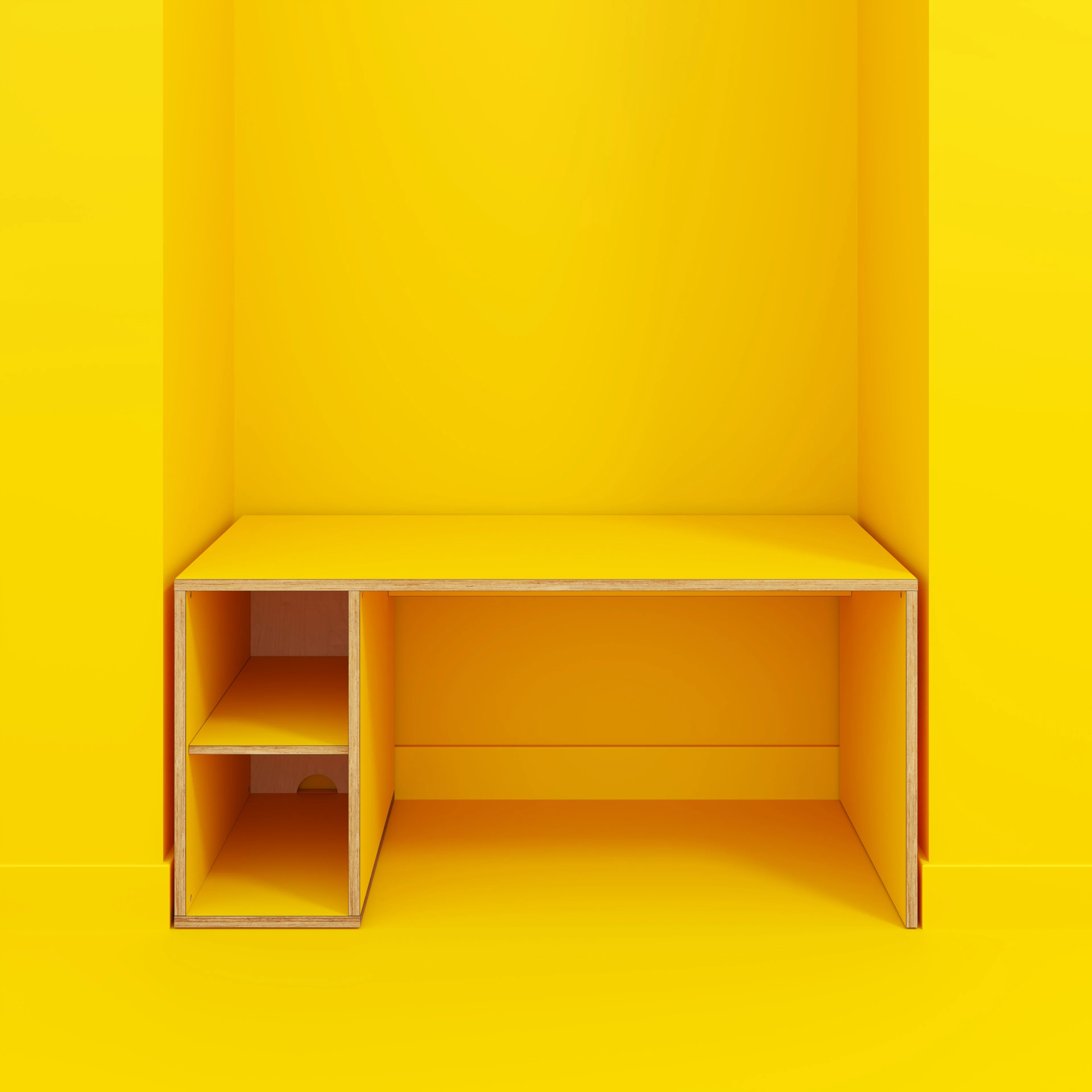 Plywood Desk with Storage Type 1 LH - Open Shelves - Formica Chrome Yellow - 1600(w) x 800(d) x 750(h) - Image 2