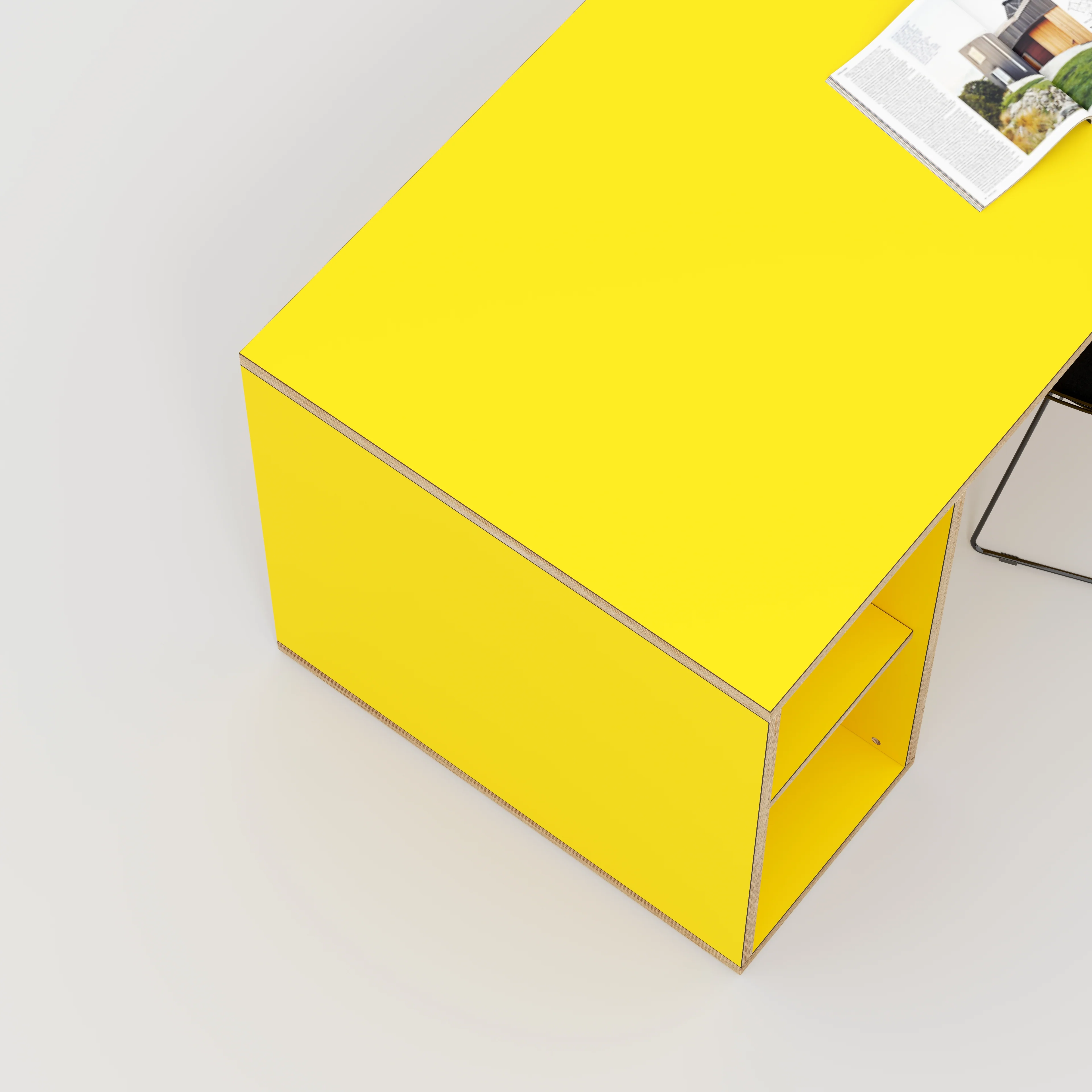 Plywood Desk with Storage Type 1 LH - Open Shelves - Formica Chrome Yellow - 2000(w) x 800(d) x 750(h) - Image 3