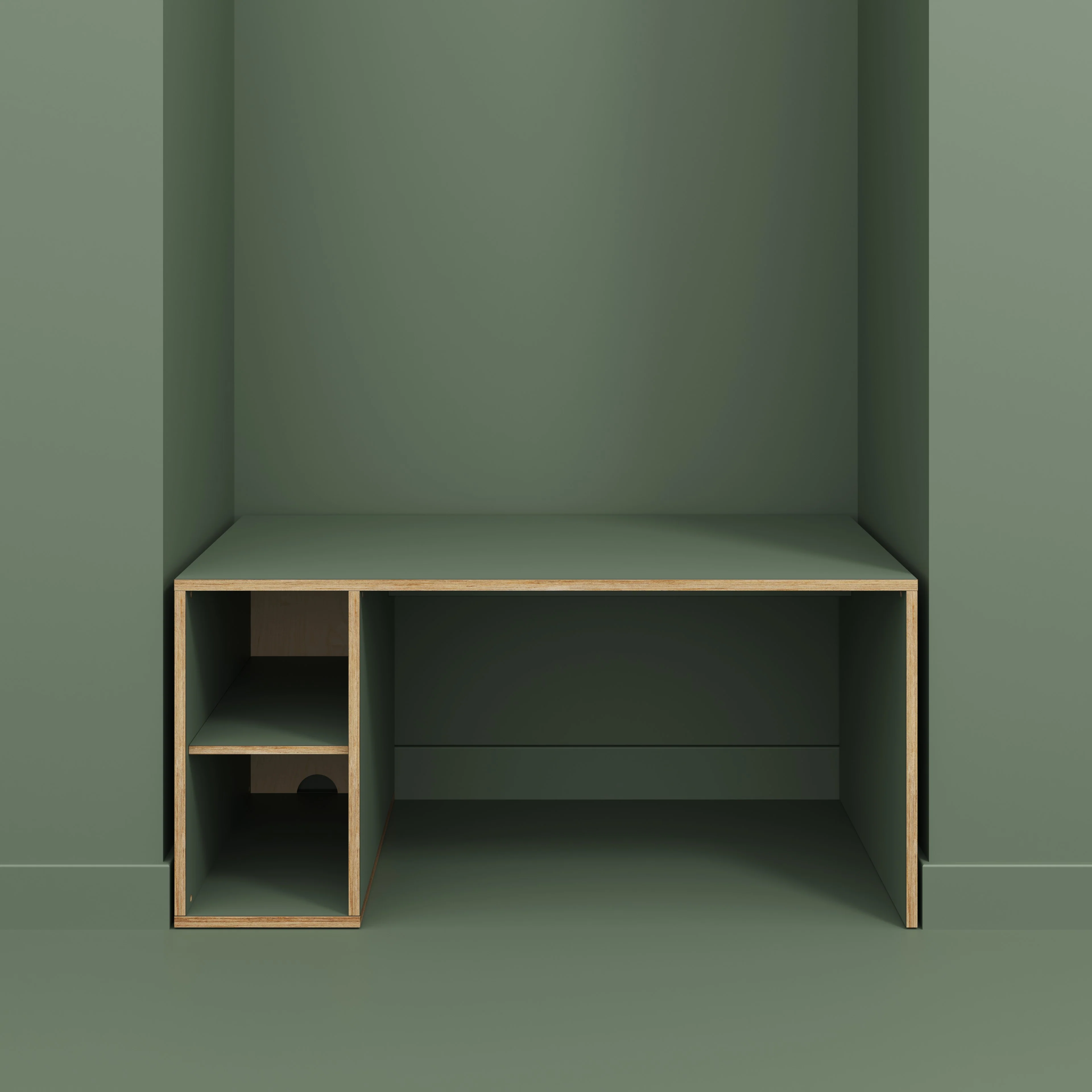 Plywood Desk with Storage Type 1 LH - Open Shelves - Formica Green Slate - 1600(w) x 800(d) x 750(h) - Image 2