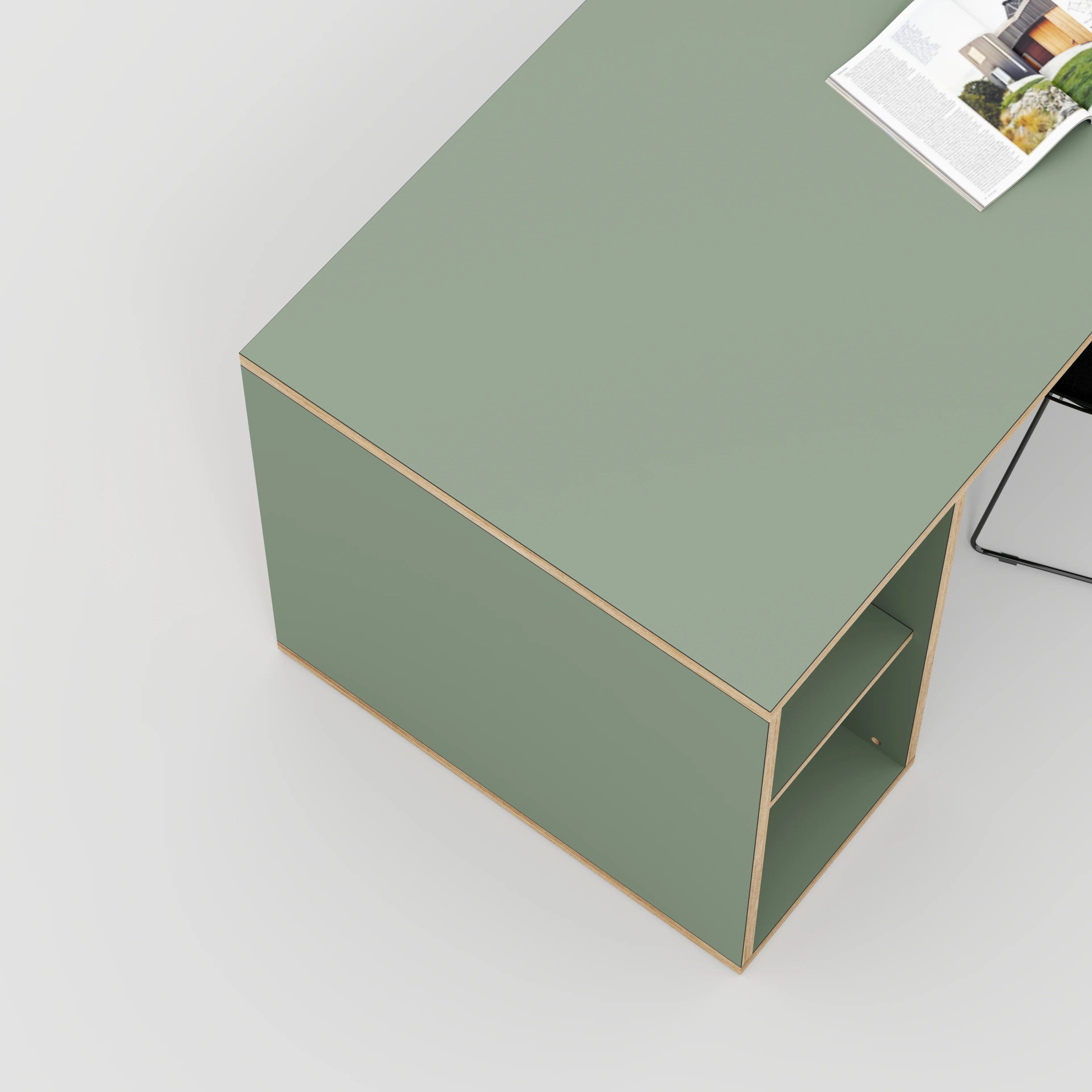 Plywood Desk with Storage Type 1 LH - Open Shelves - Formica Green Slate - 1600(w) x 800(d) x 750(h) - Image 3