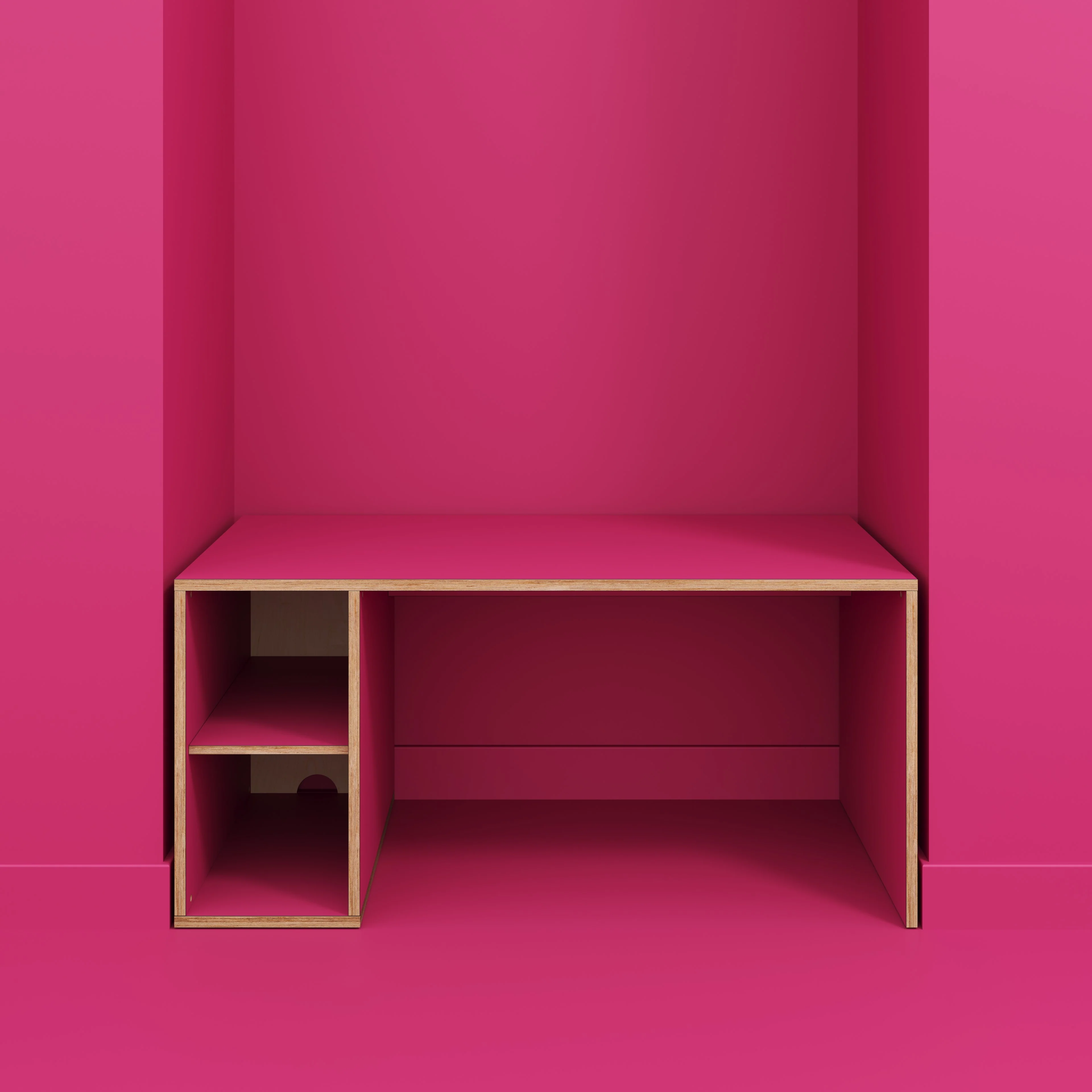 Plywood Desk with Storage Type 1 LH - Open Shelves - Formica Juicy Pink - 1600(w) x 800(d) x 750(h) - Image 2