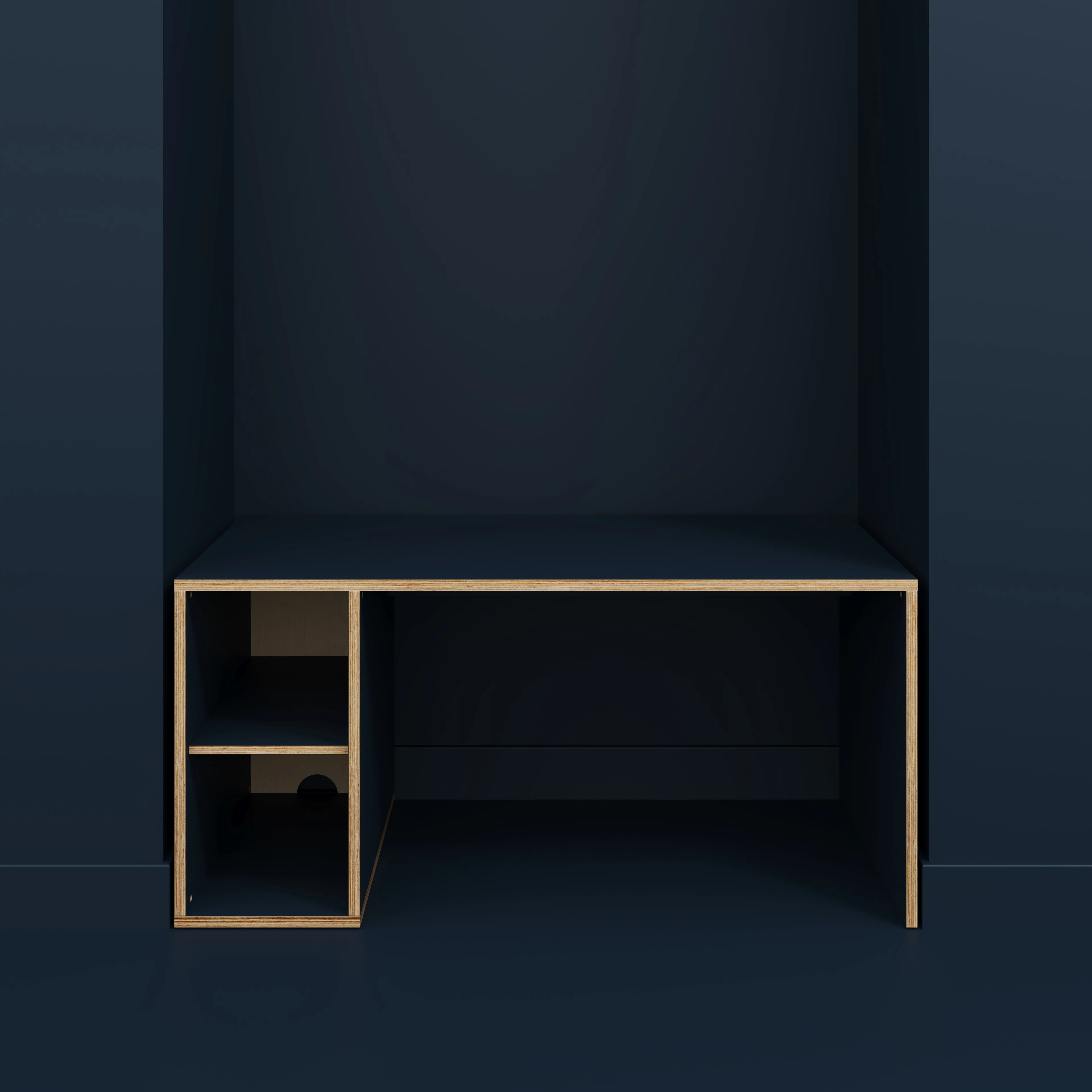 Plywood Desk with Storage Type 1 LH - Open Shelves - Formica Night Sea Blue - 1600(w) x 800(d) x 750(h) - Image 2