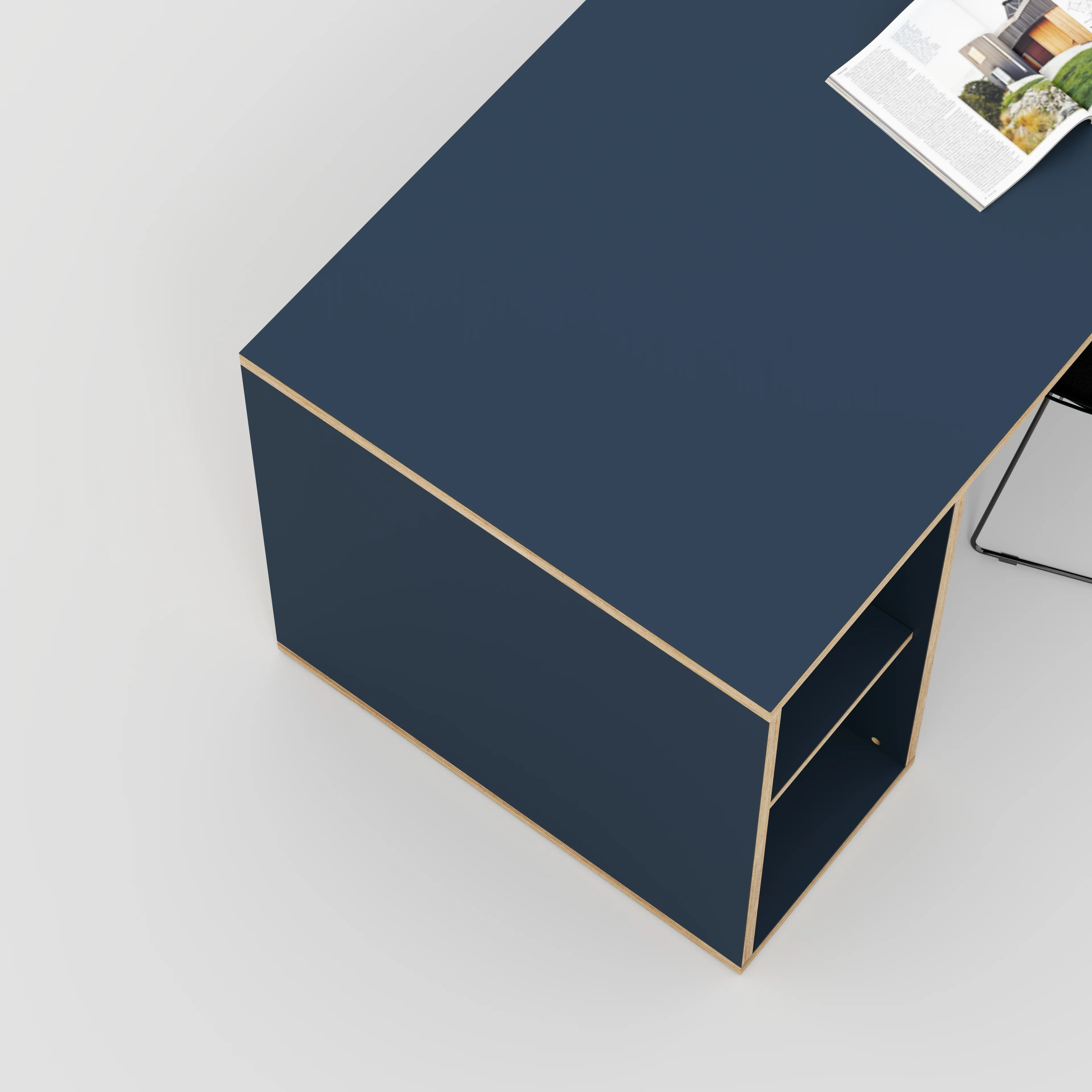Plywood Desk with Storage Type 1 LH - Open Shelves - Formica Night Sea Blue - 1600(w) x 800(d) x 750(h) - Image 3
