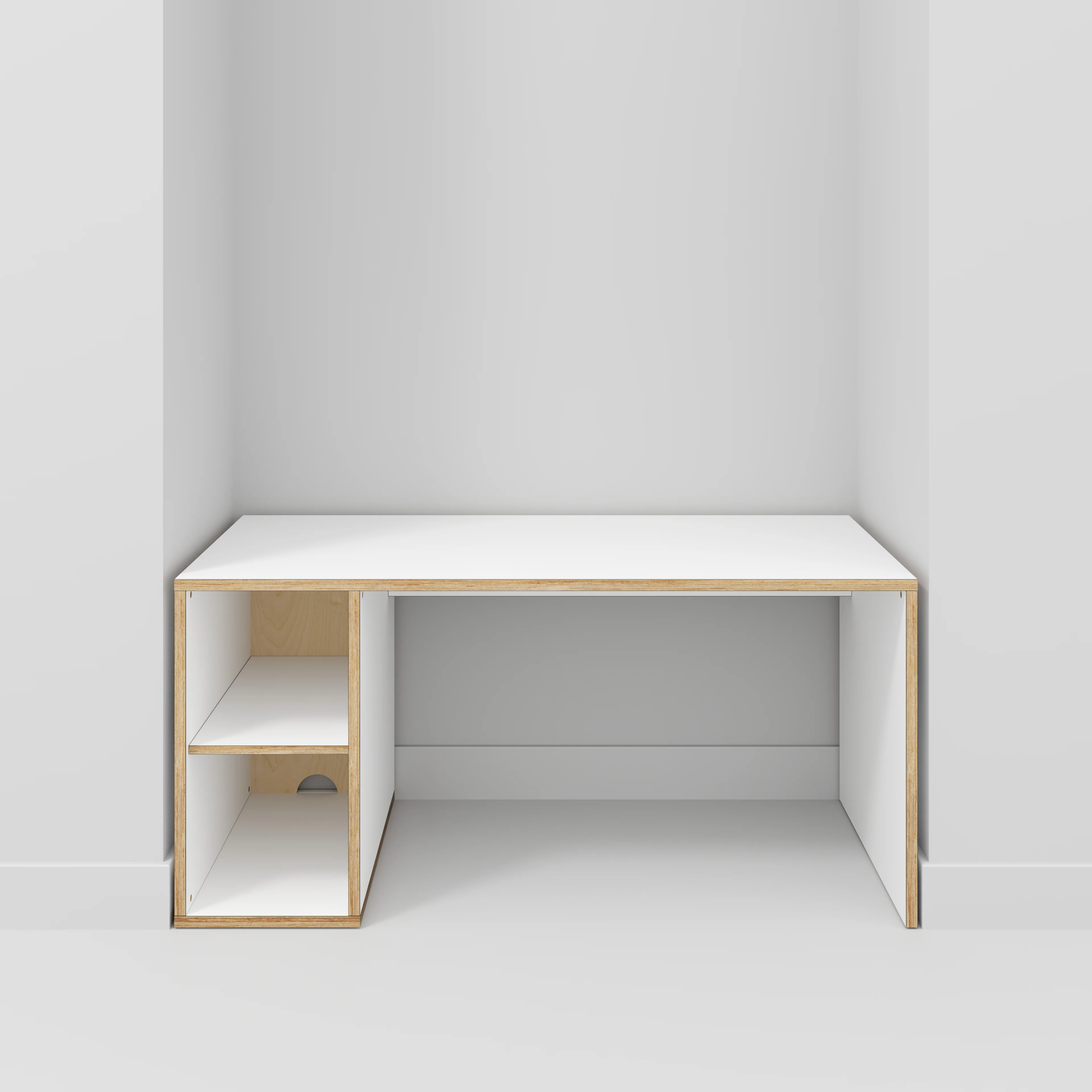 Plywood Desk with Storage Type 1 LH - Open Shelves - Formica White - 1600(w) x 800(d) x 750(h) - Image 2