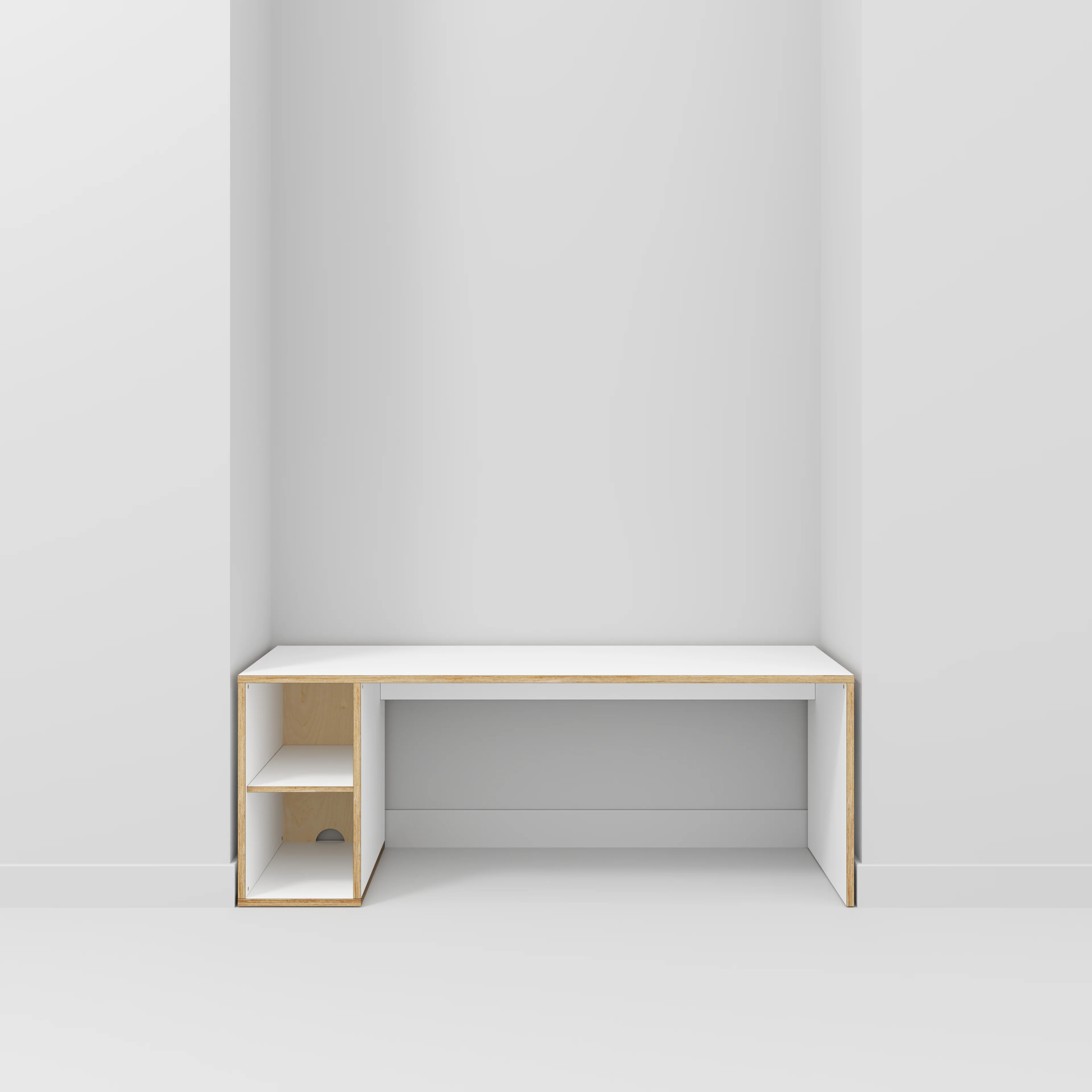 Plywood Desk with Storage Type 1 LH - Open Shelves - Formica White - 2000(w) x 800(d) x 750(h) - Image 2