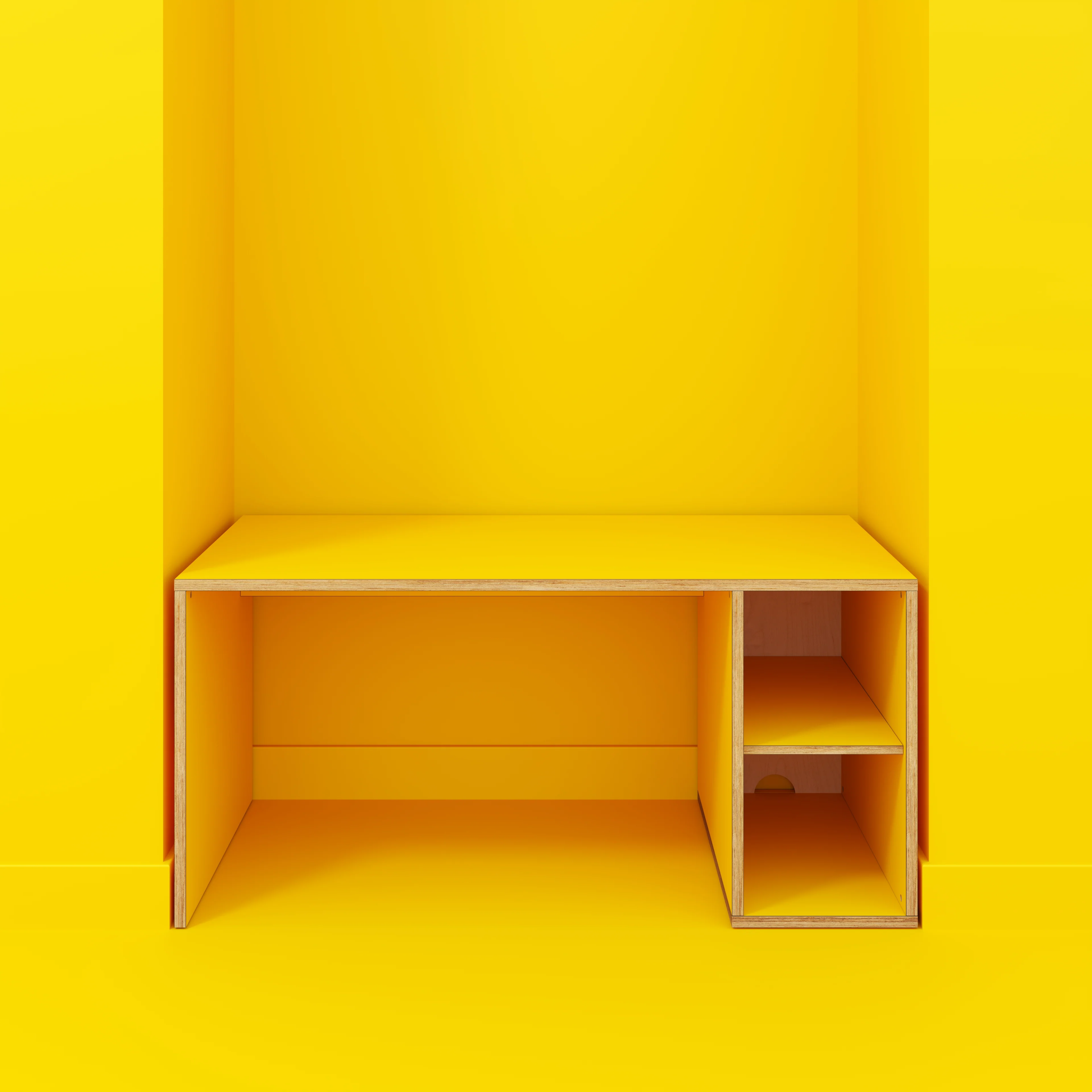 Plywood Desk with Storage Type 1 RH - Open Shelves - Formica Chrome Yellow - 1600(w) x 800(d) x 750(h) - Image 2